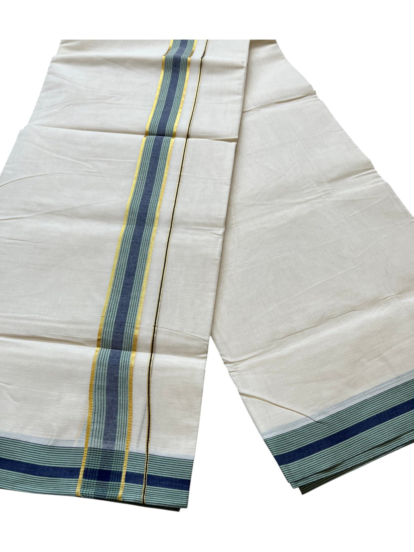 Southloom Pure Cotton Mundu with Golden Lines and Blue & Green Border (South Indian Kerala Dhoti)