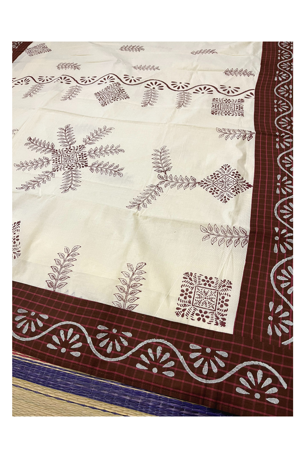 Pure Cotton Onam 2023 Kerala Saree with Hand Block Maroon Batik Prints