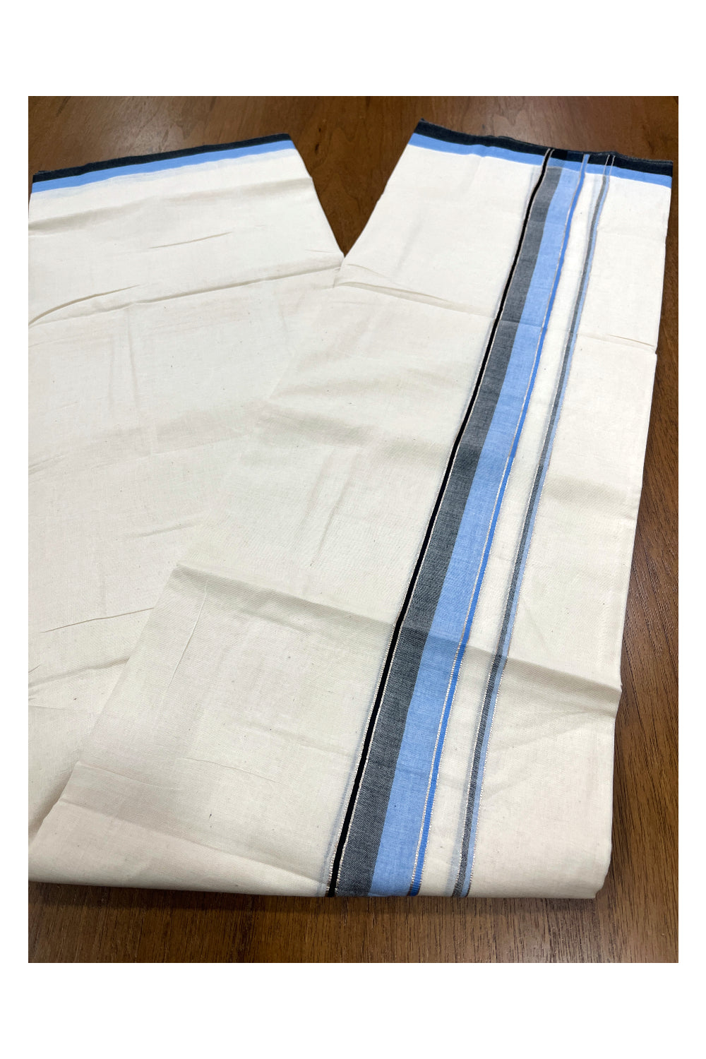 Pure Cotton Double Mundu with Silver Kasavu and Blue Black Border (South Indian Kerala Dhoti)