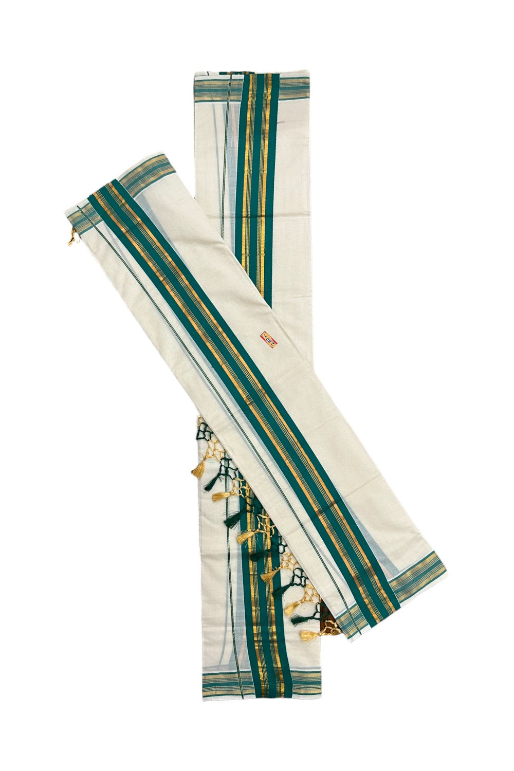 Cotton Kerala Set Mundu (Mundum Neriyathum) with Green and Kasavu Border and Tassels 2.80 Mtrs