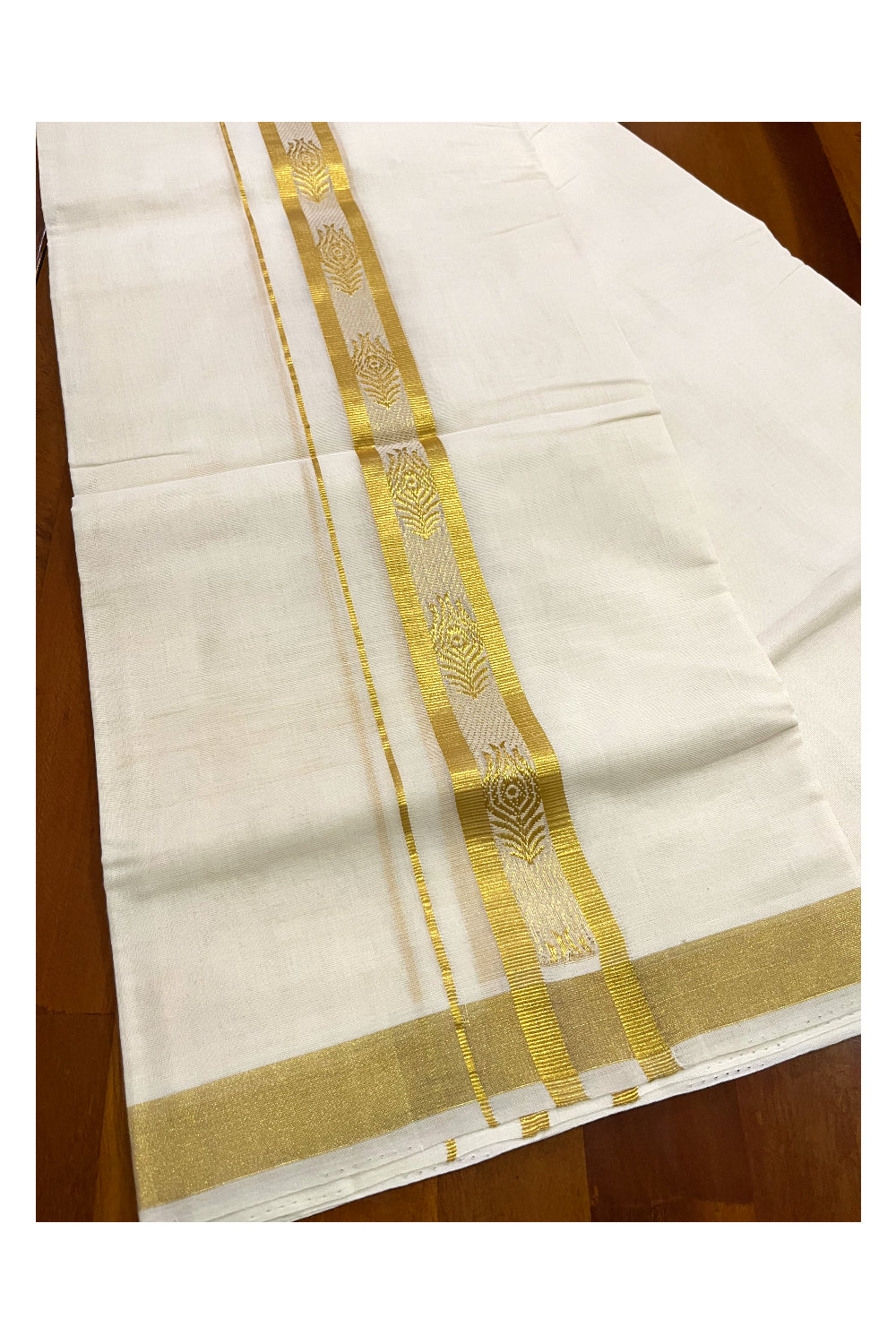 Southloom Premium Handloom Cotton Mundu with Kasavu Feather Woven Border