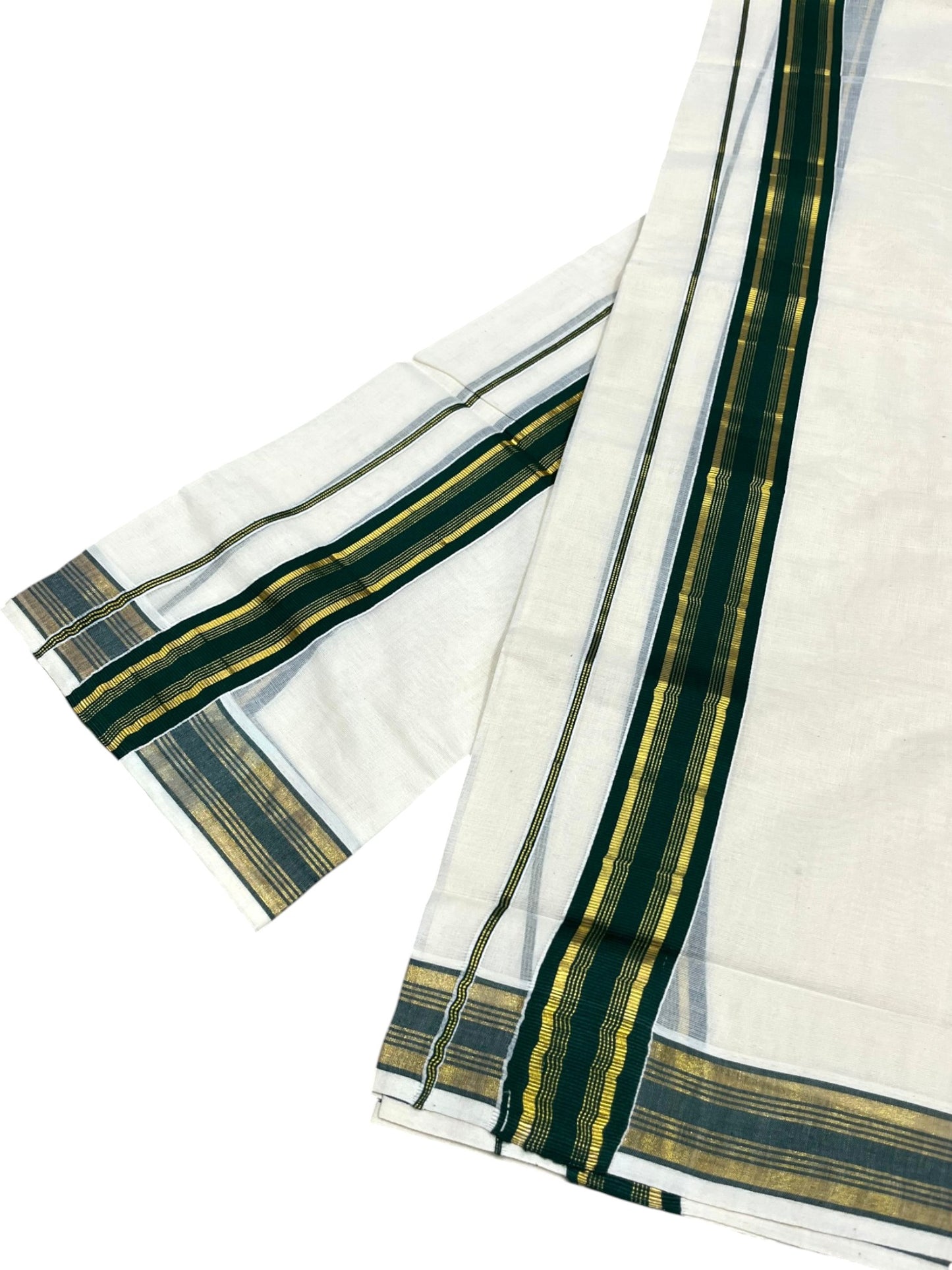 Southloom Kerala Cotton Kasavu Single Set Mundu (Mundum Neriyathum) with Green Kasavu Border SLKK
