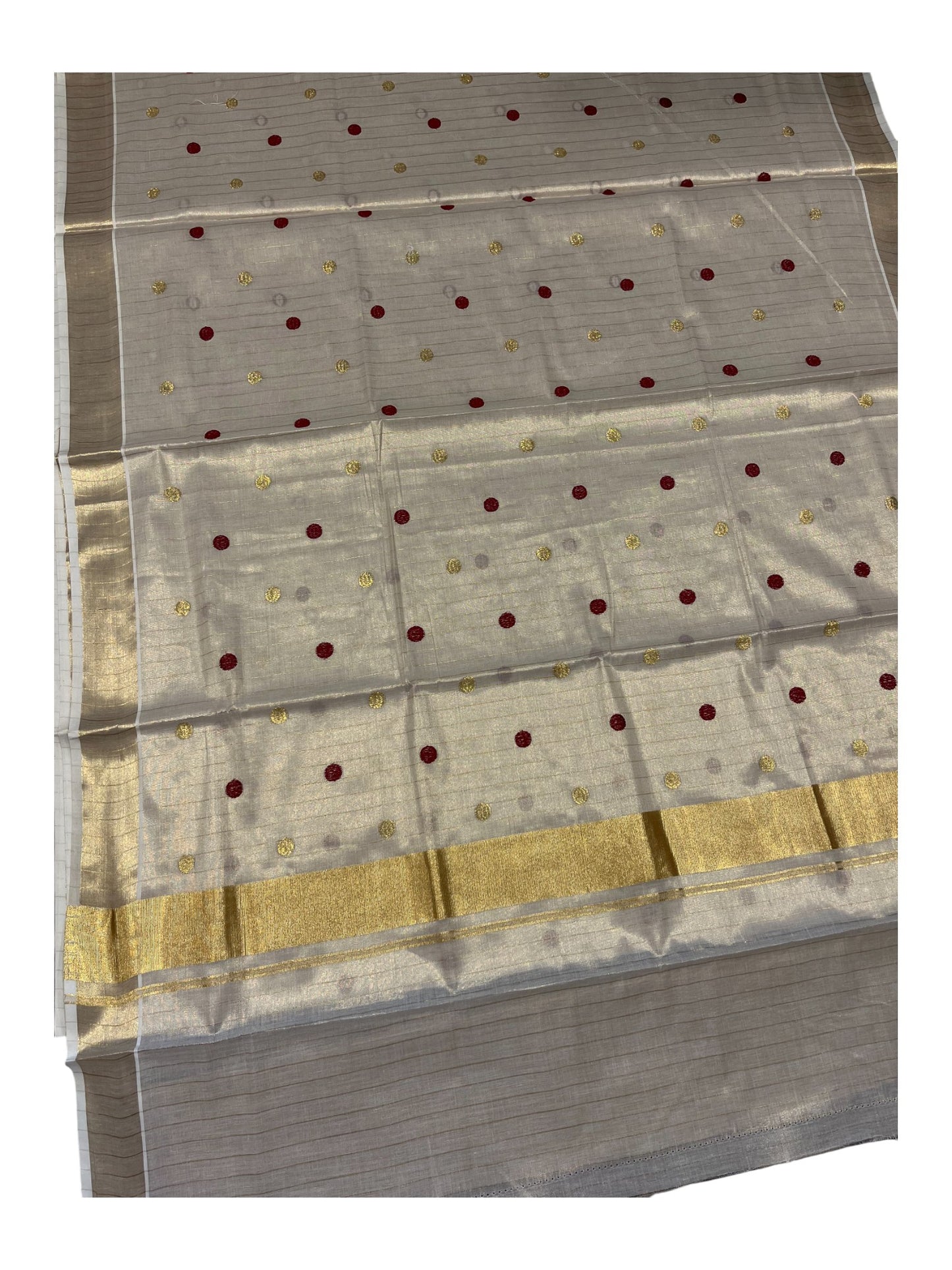 Southloom Kerala Tissue Kasavu Saree with Gold& Maroon Polka Embroidery Works on Body