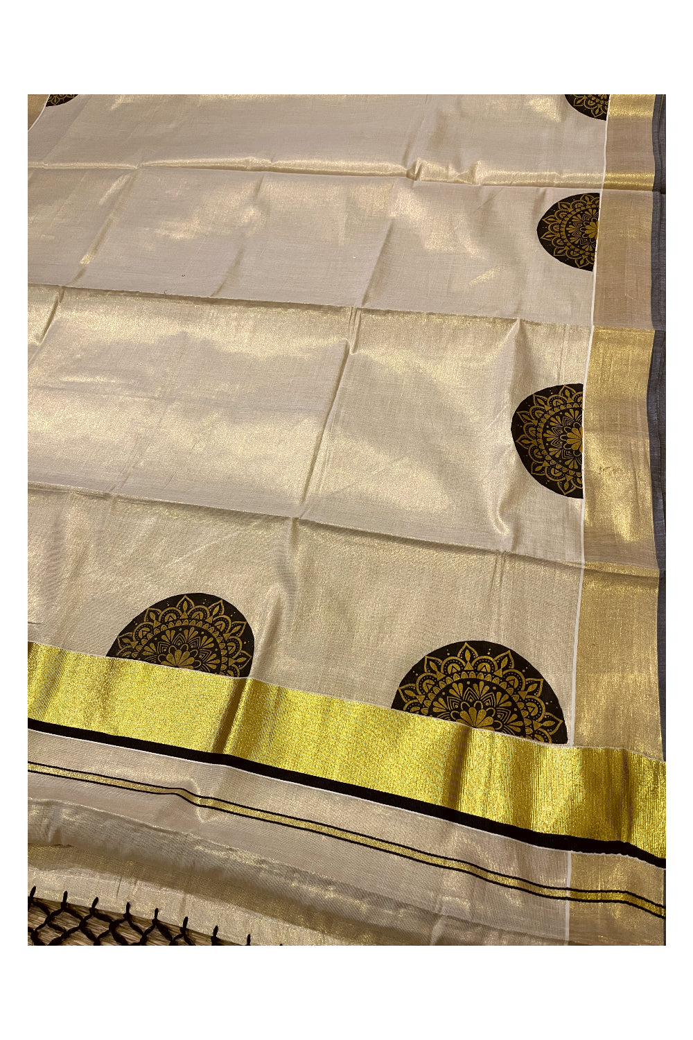 Kerala Tissue Kasavu Saree with Brown Block Prints and Kasavu Black Border