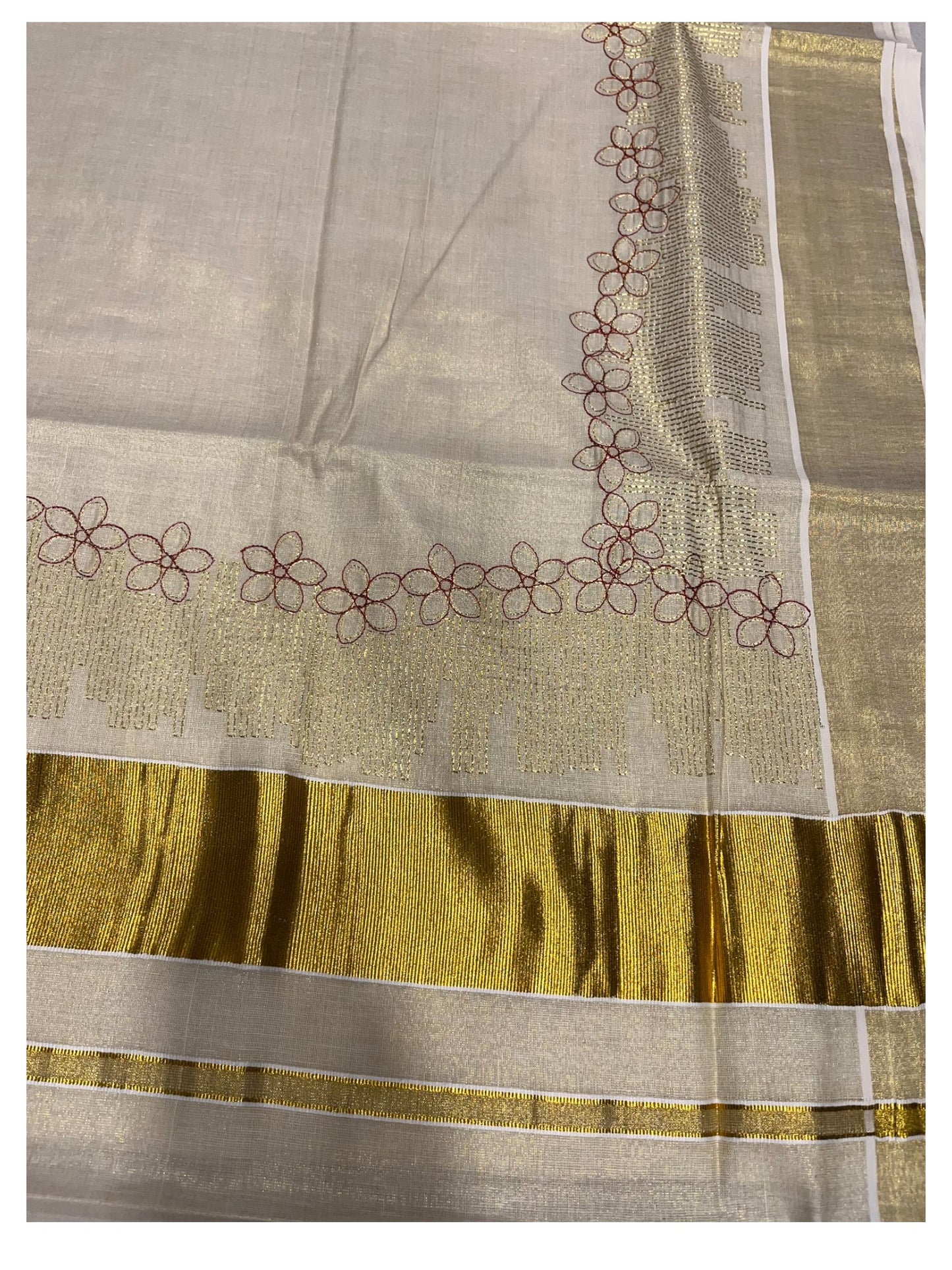 Southloom Kerala Tissue Kasavu Plain Saree with  Embroidery Works