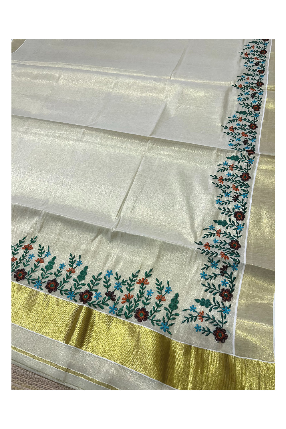 Kerala Tissue Kasavu Saree with Floral Embroidery Works on Border