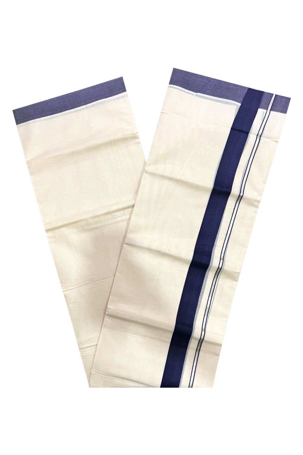 Pure Cotton Double Mundu with Silver Kasavu and Navy Blue Border (South Indian Kerala Dhoti)