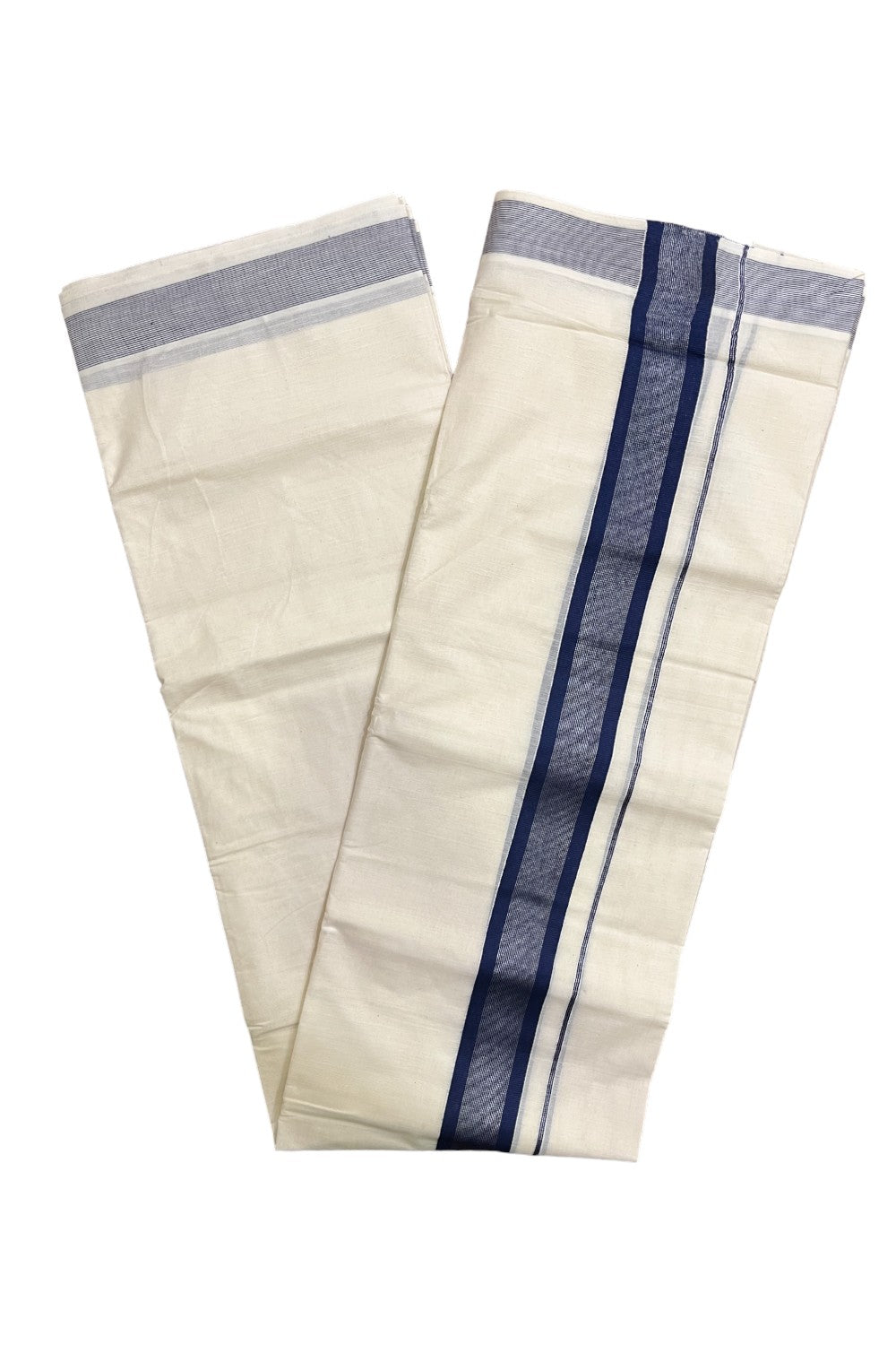 Kerala Pure Cotton Double Mundu with Dark Blue and Silver Kasavu Border (South Indian Kerala Dhoti)