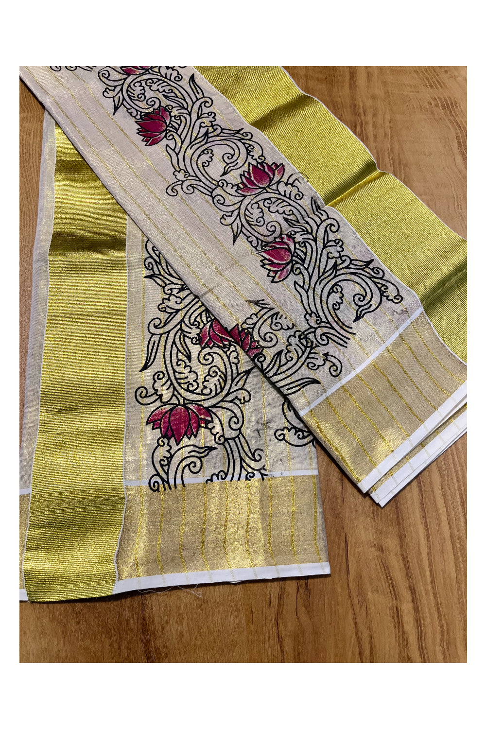 Kerala Tissue Single Set Mundu (Mundum Neriyathum) with Magenta Lotus Block Printed Design 2.80Mtr