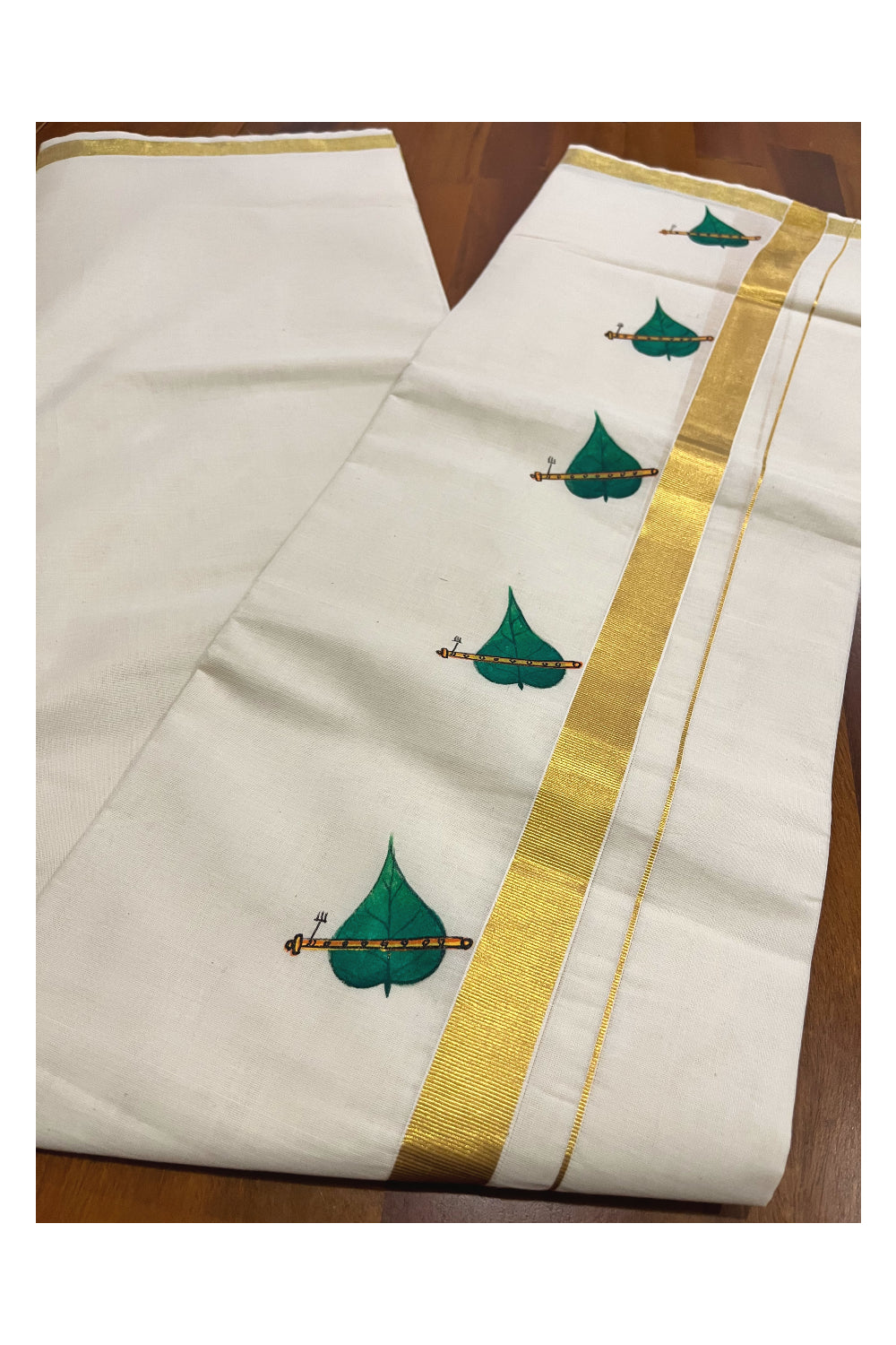 Kerala Pure Cotton Double Mundu with Leaf and Flute Mural Painted Design on Kasavu Border (South Indian Kerala Dhoti)