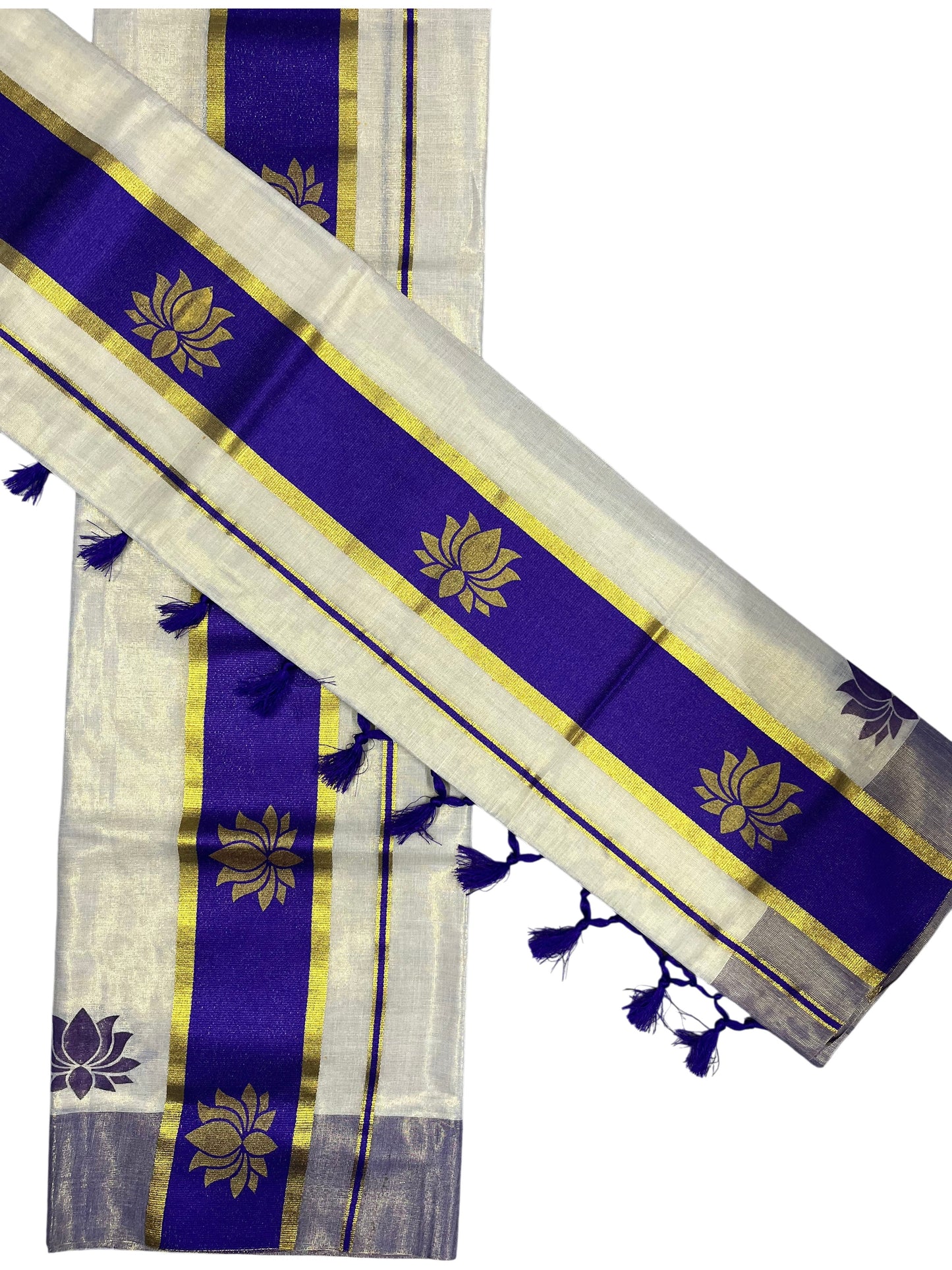 Southloom Kerala Cotton Kasavu Single Set Mundu (Mundum Neriyathum) with Lotus Design in Violet