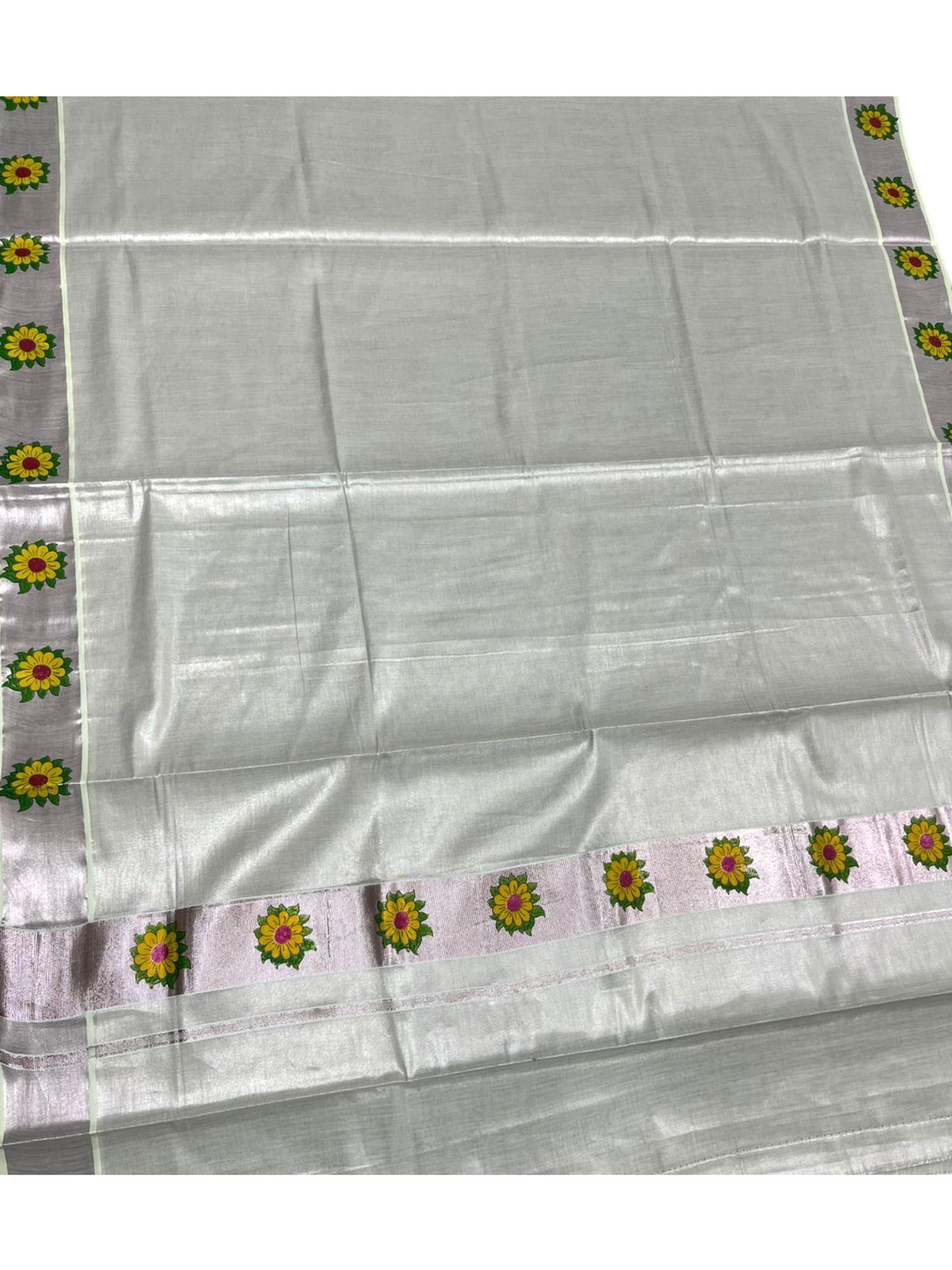 Southloom Kerala Rose Gold Tissue Kasavu Saree with Floral Prints on Border and Pallu