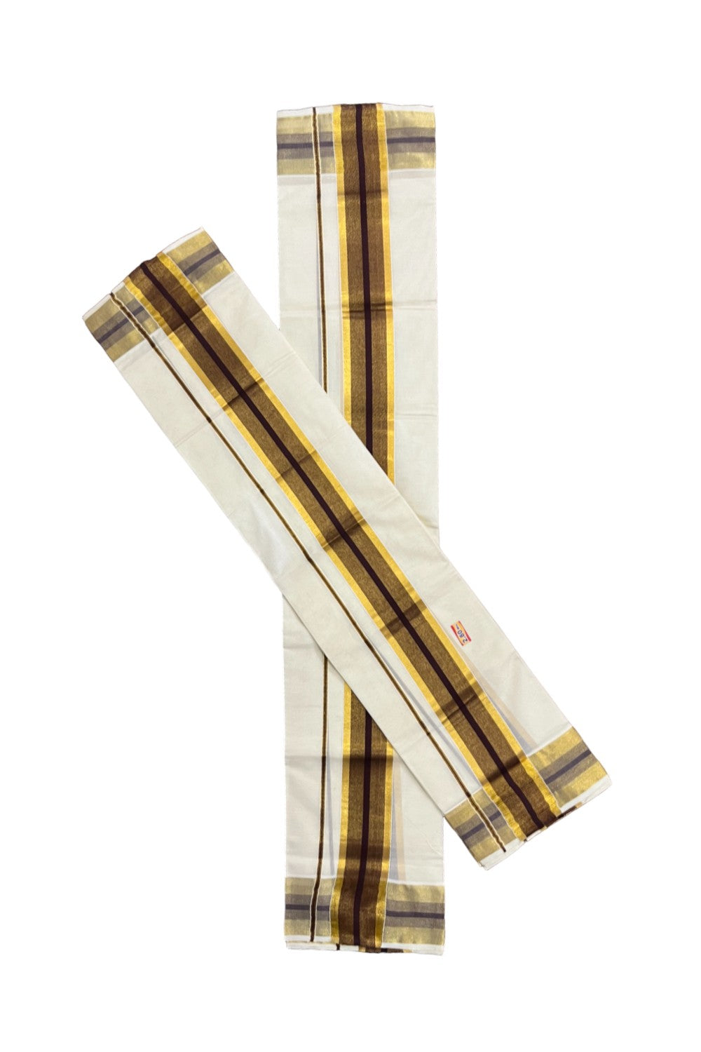 Kerala Cotton Set Mundu (Mundum Neriyathum) with Brown and Kasavu Border 2.80 Mtrs