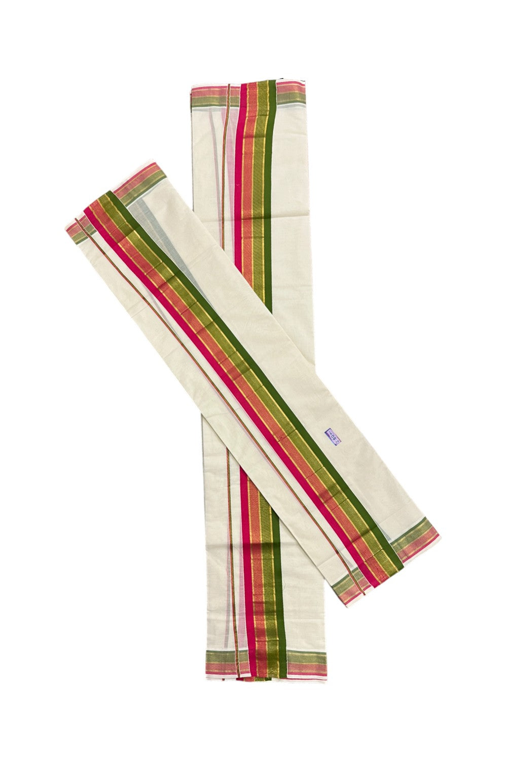 Kerala Cotton Kasavu Set Mundu (Mundum Neriyathum) with Pink Olive Green Border 2.80 Mtrs