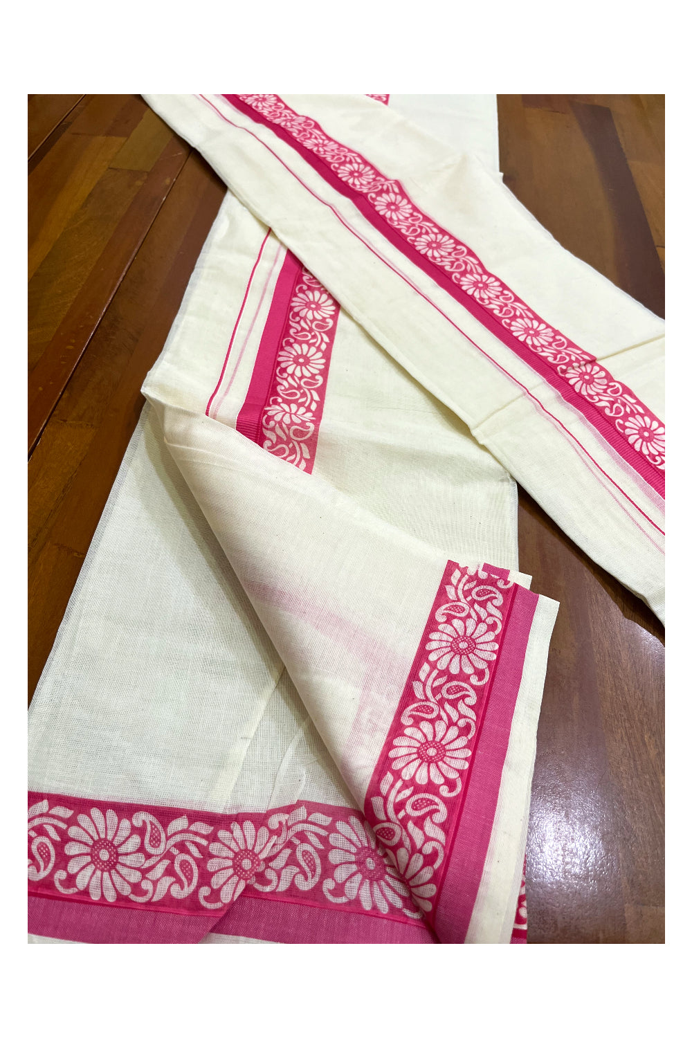 Kerala Cotton Kasavu Single Set Mundu (Mundum Neriyathum) with Pink Kara and  Block prints (Onam 2024 Collection)