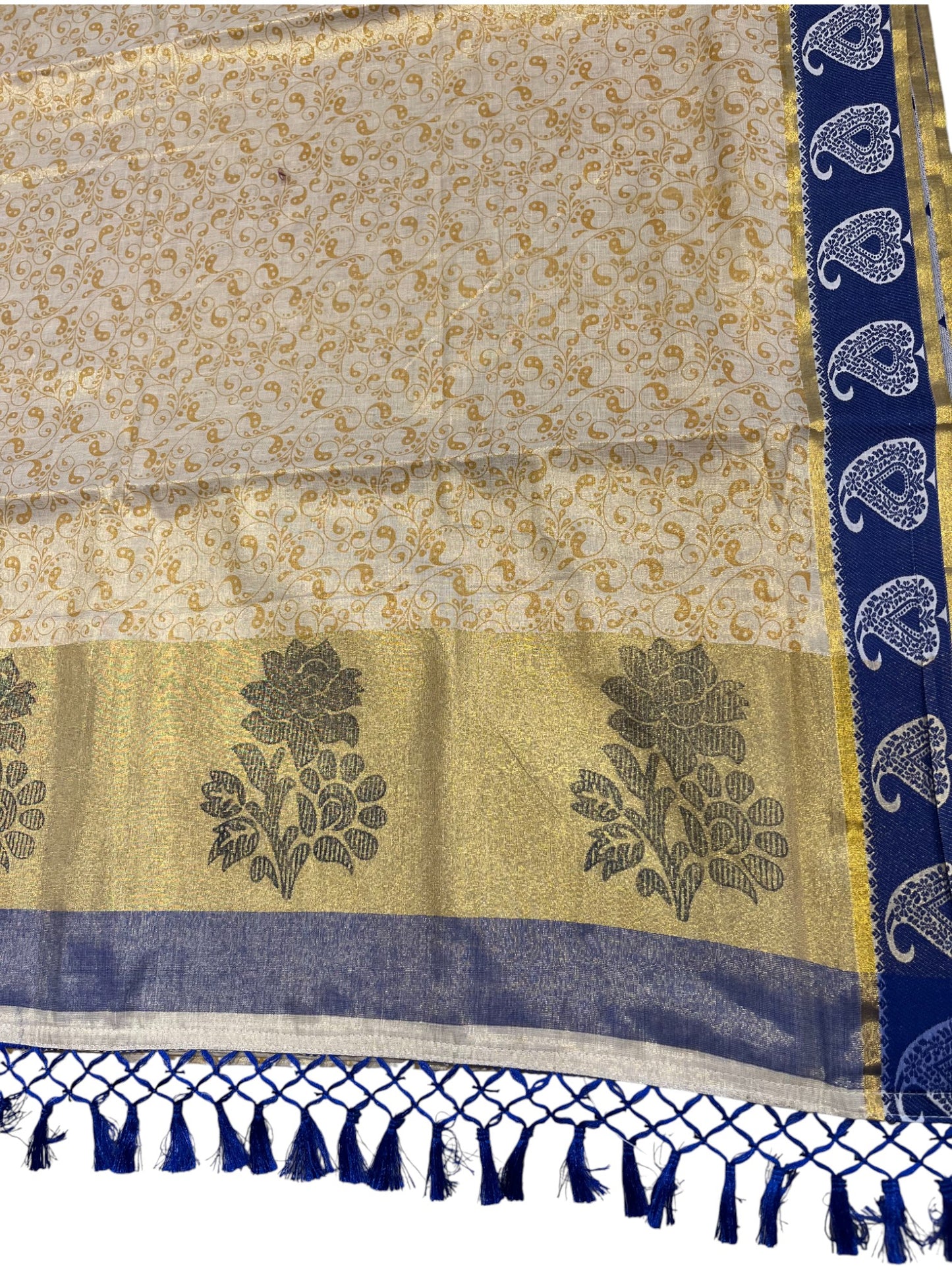 Southloom Kerala Tissue Kasavu Printed Saree with Blue Floral Embroidery Works and Tassels