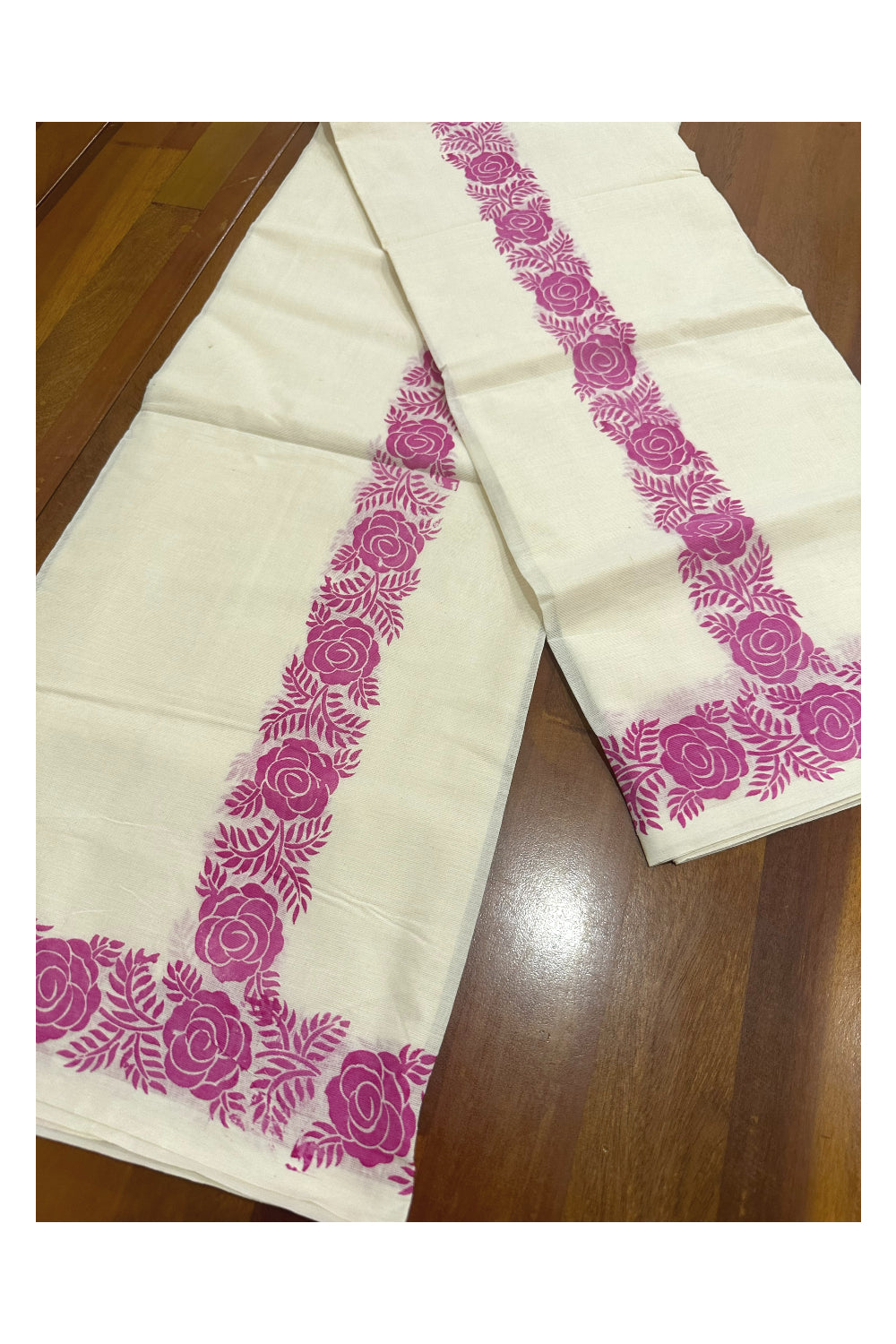 Kerala Cotton Set Mundu (Mundum Neriyathum) with Pink Floral Block Printed Border (Onam Set Mundu 2023)