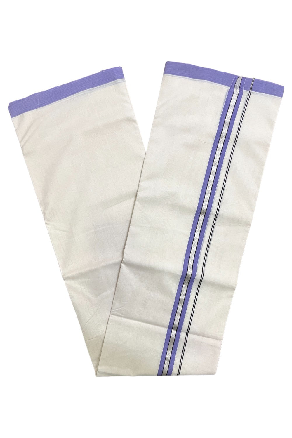 Premium Balaramapuram Handloom Unakkupaavu Cotton Double Mundu with Silver Kasavu and Violet Border (Vishu 2024 Collection)