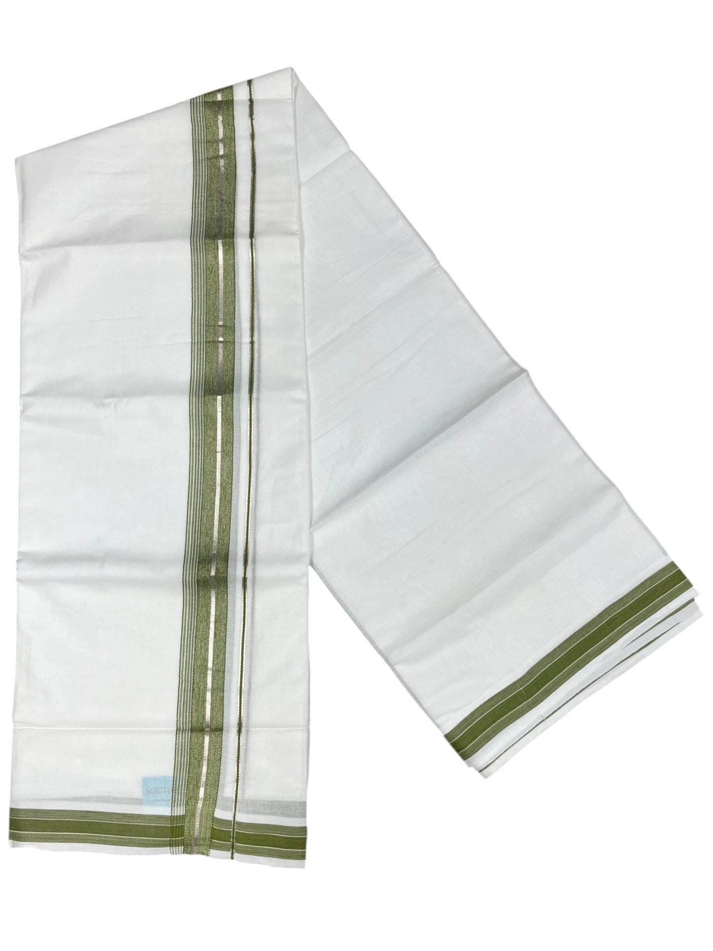 Southloom Kerala Pure White Cotton Double Mundu with Silver Line & Olive Green Border (South Indian Dhoti)