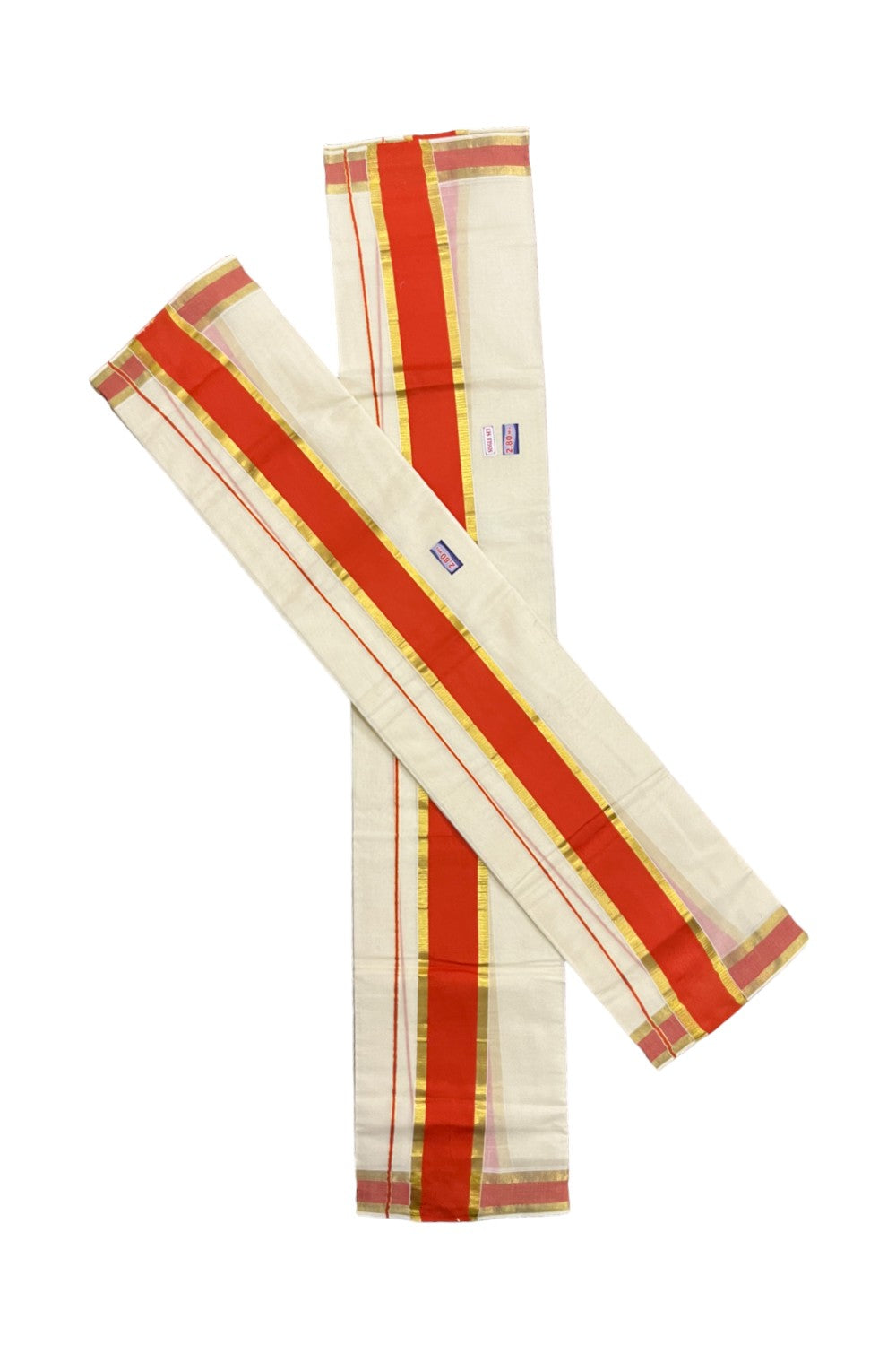 Kerala Cotton Set Mundu (Mundum Neriyathum) with Orange and Kasavu Border 2.80 Mtrs