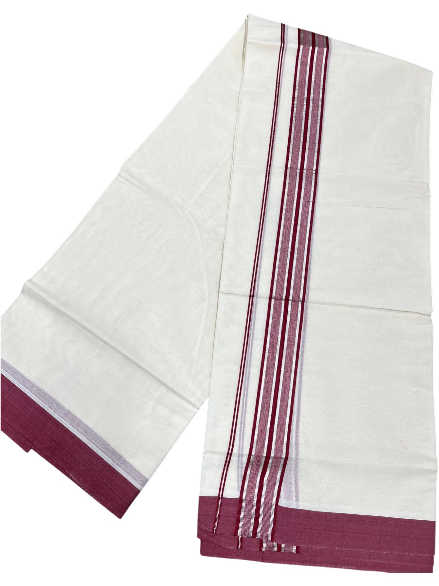 Southloom Kerala Pure Cotton Double Mundu with Silver Lines and Maroon Border with (South Indian Dhoti)