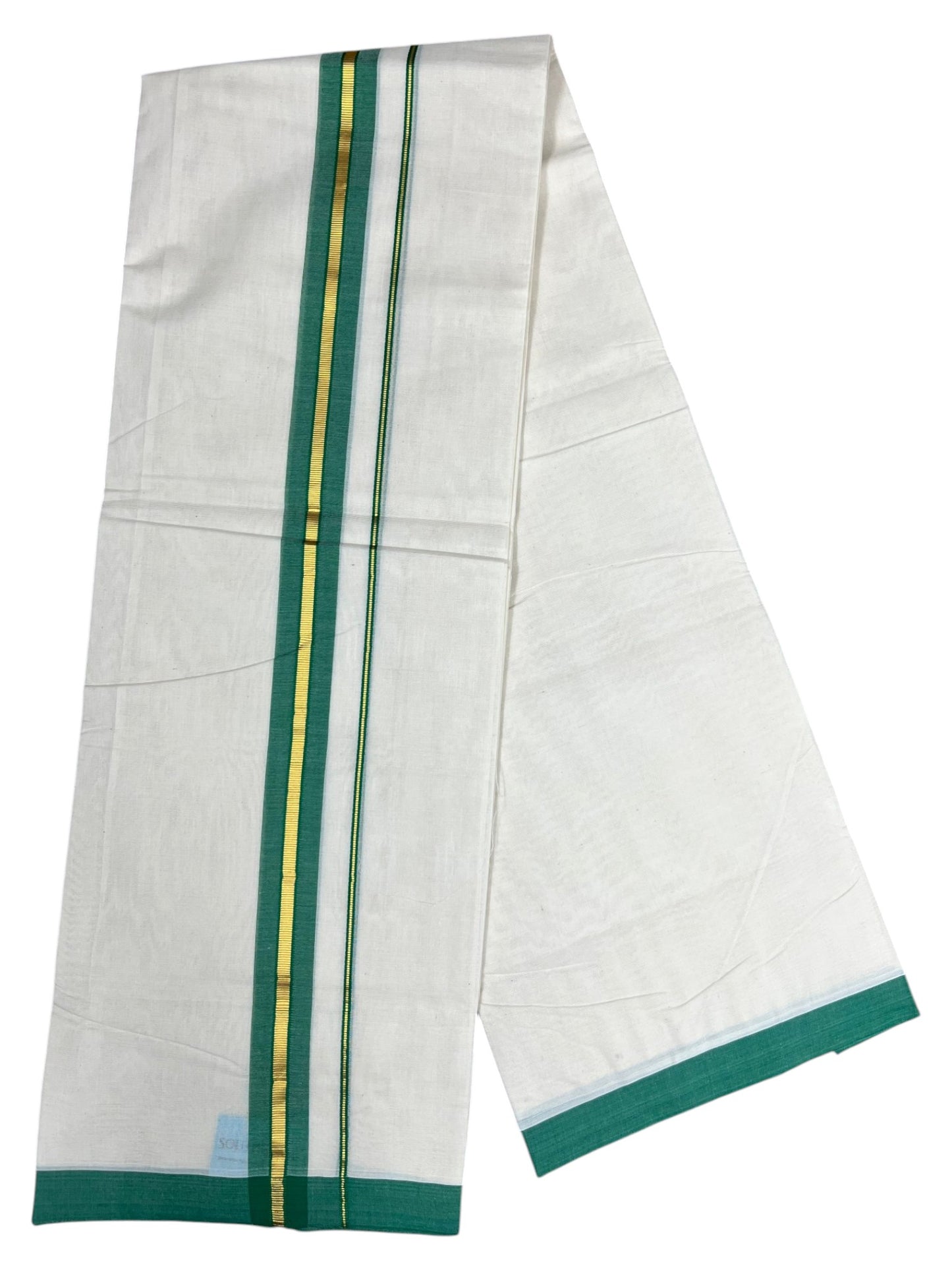 Southloom Pure Cotton Mundu with Gold Lines and Green Border (South Indian Kerala Dhoti)