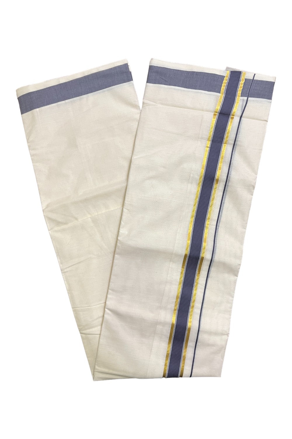 Kerala Pure Cotton Double Mundu with Grey and Kasavu Border (South Indian Kerala Dhoti)