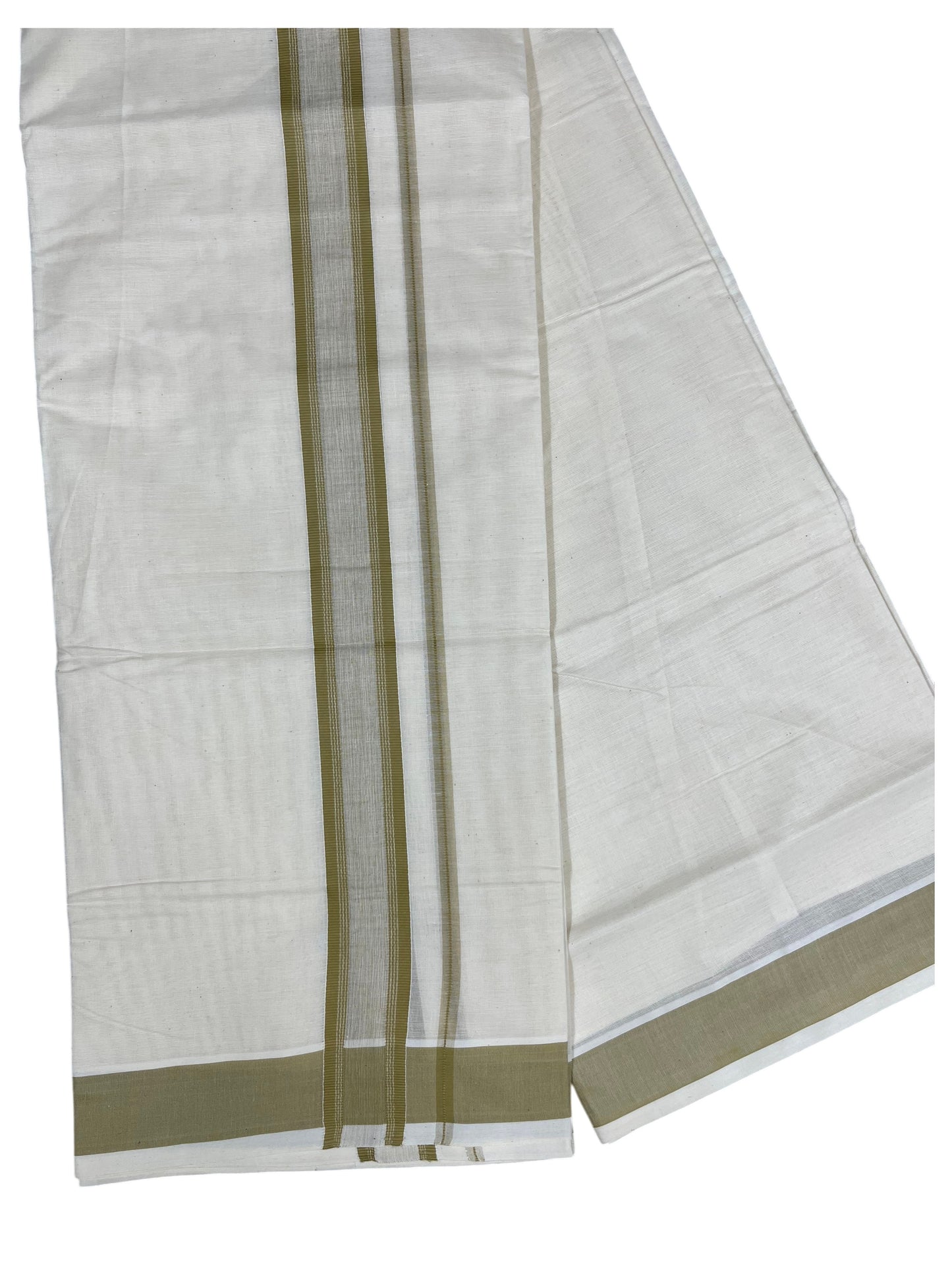 Southloom Kerala Pure Cotton Double Mundu with Olive Green Border (South Indian Kerala Dhoti)