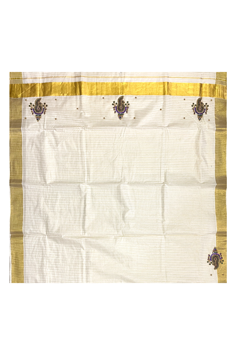 Kerala Cotton Kasavu Lines Design and Bead Work Saree with Seperate Purple Blouse Piece