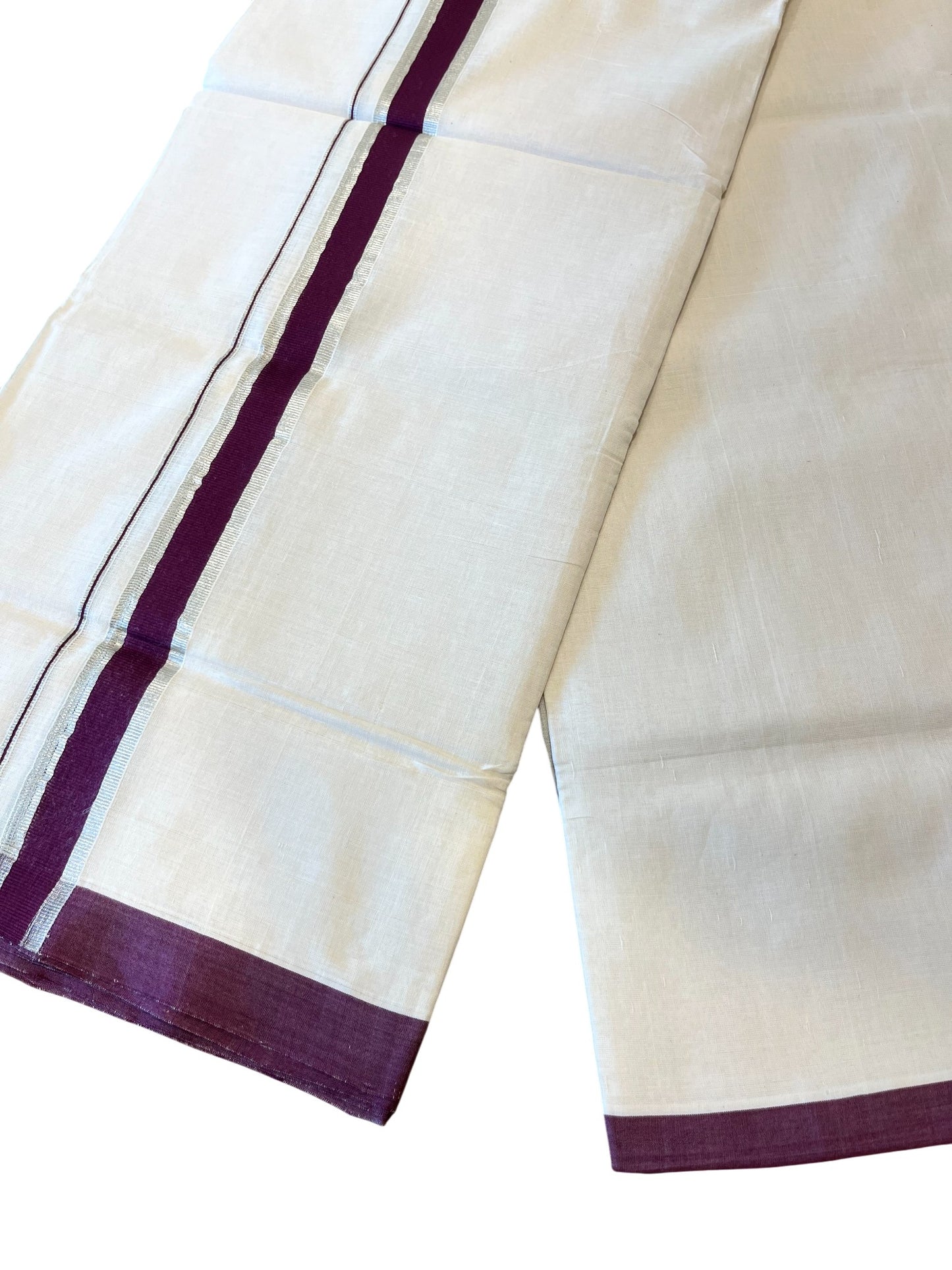 Southloom Premium Handloom Cotton Double Mundu with Silver and Purple Border
