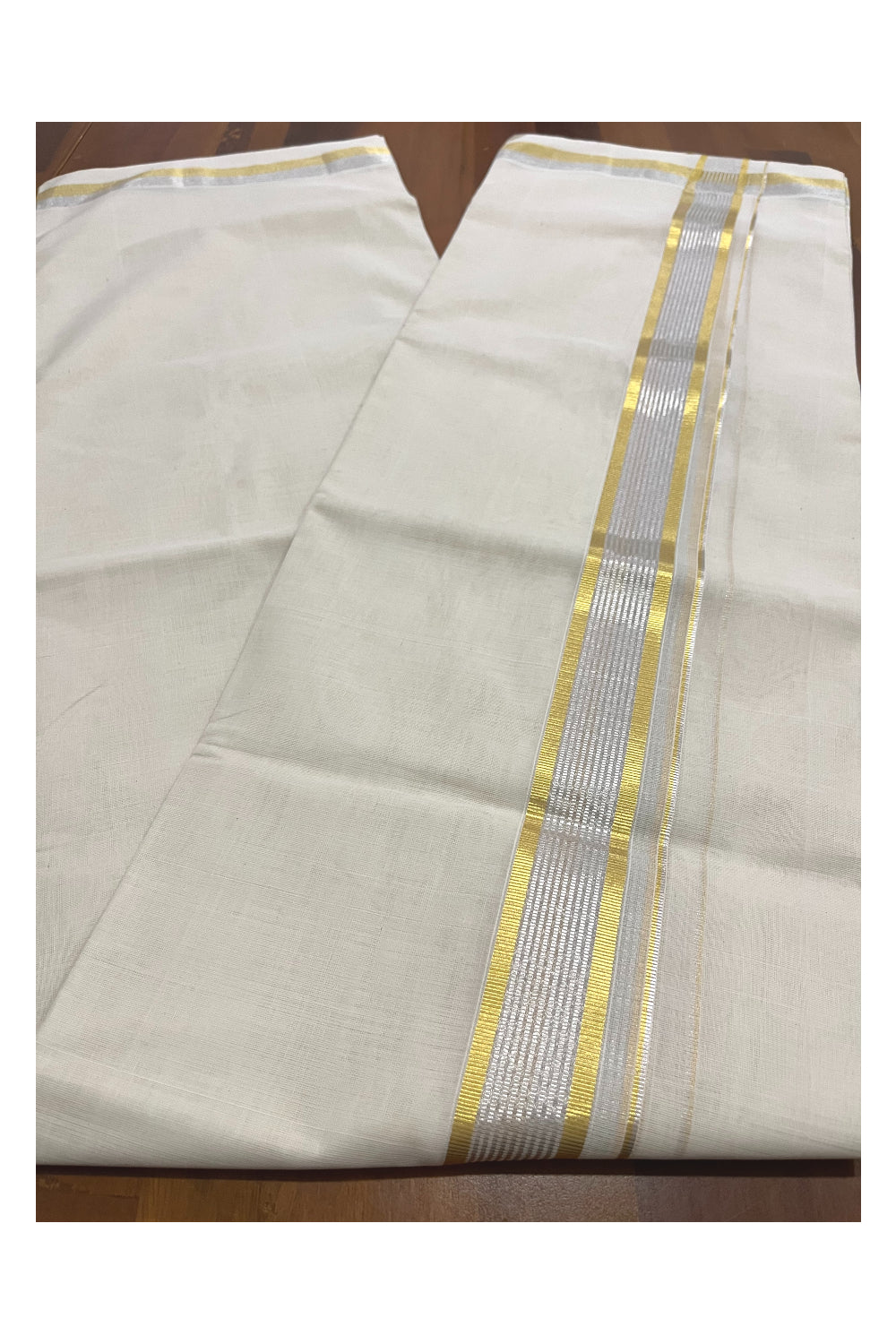 Southloom Premium Balaramapuram Wedding Handloom Mundu with Golden and Silver Kasavu Border (South Indian Kerala Dhoti)