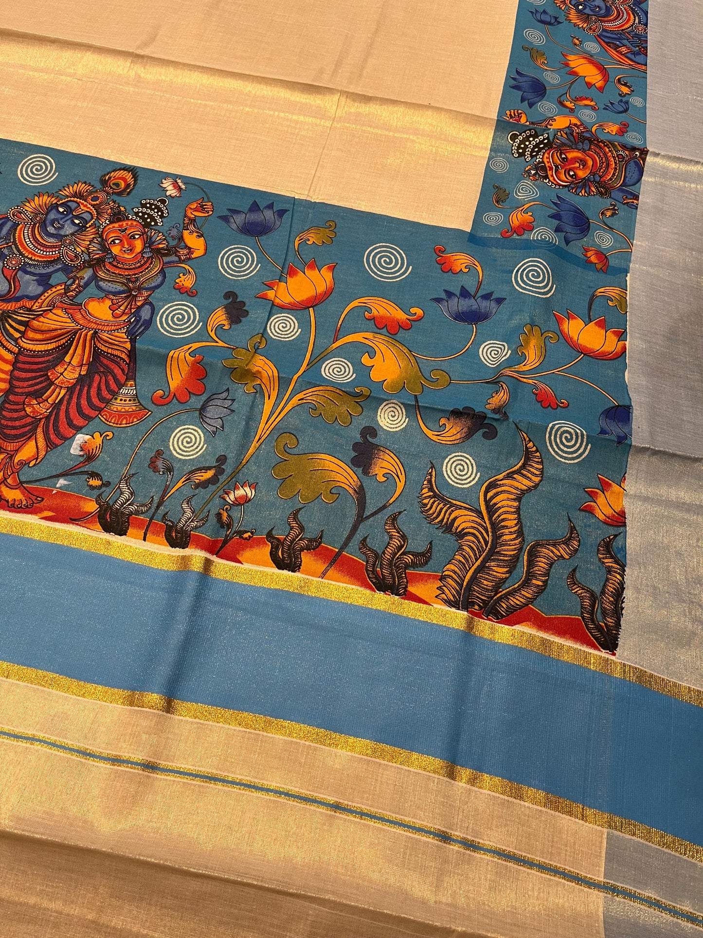 Southloom Kerala Tissue Kasavu Saree with Krishna Mural Printed Art Design and Printed Border