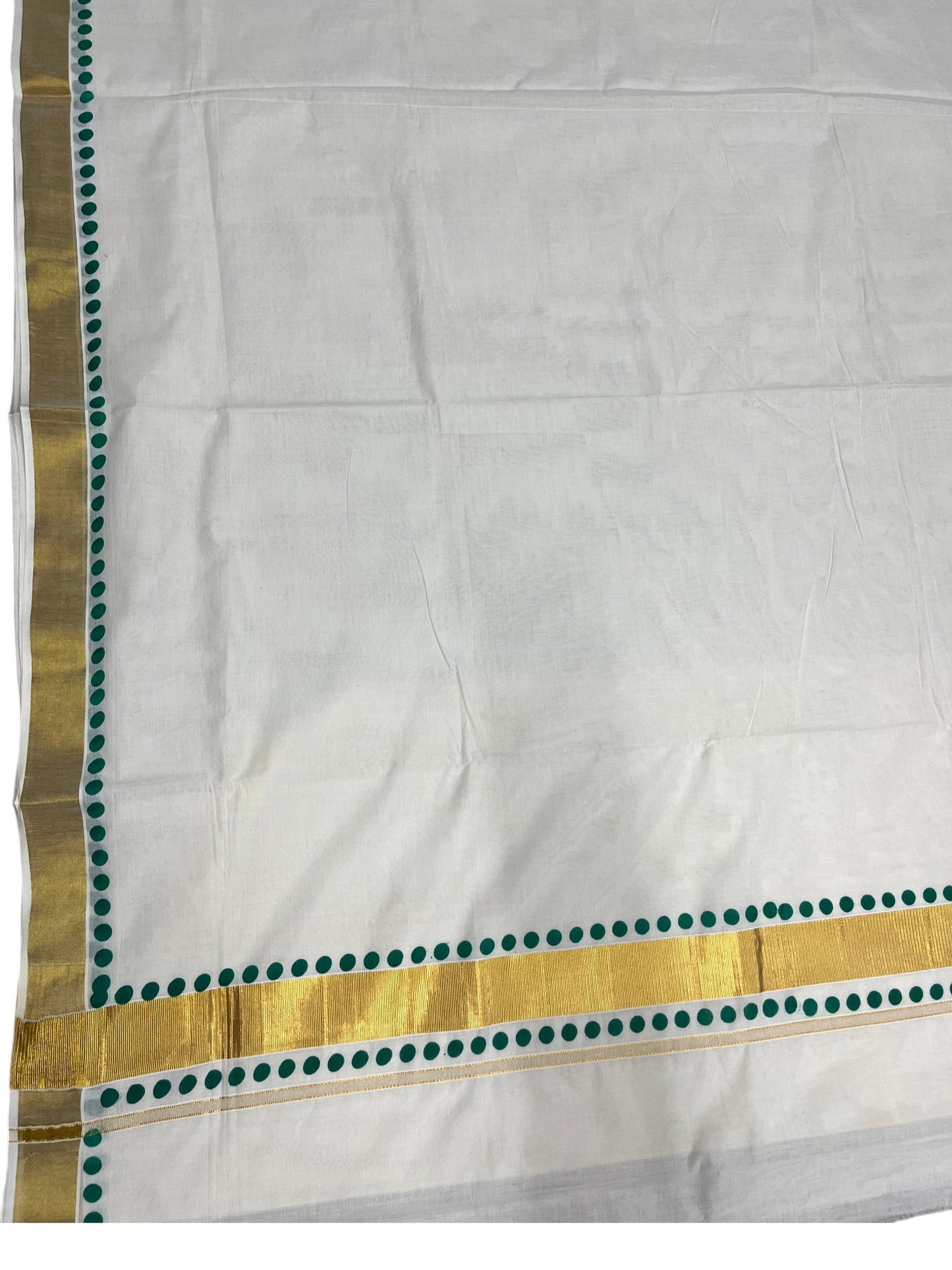 Southloom Cotton Kerala Kasavu Saree with Green Polk Dots Design Border