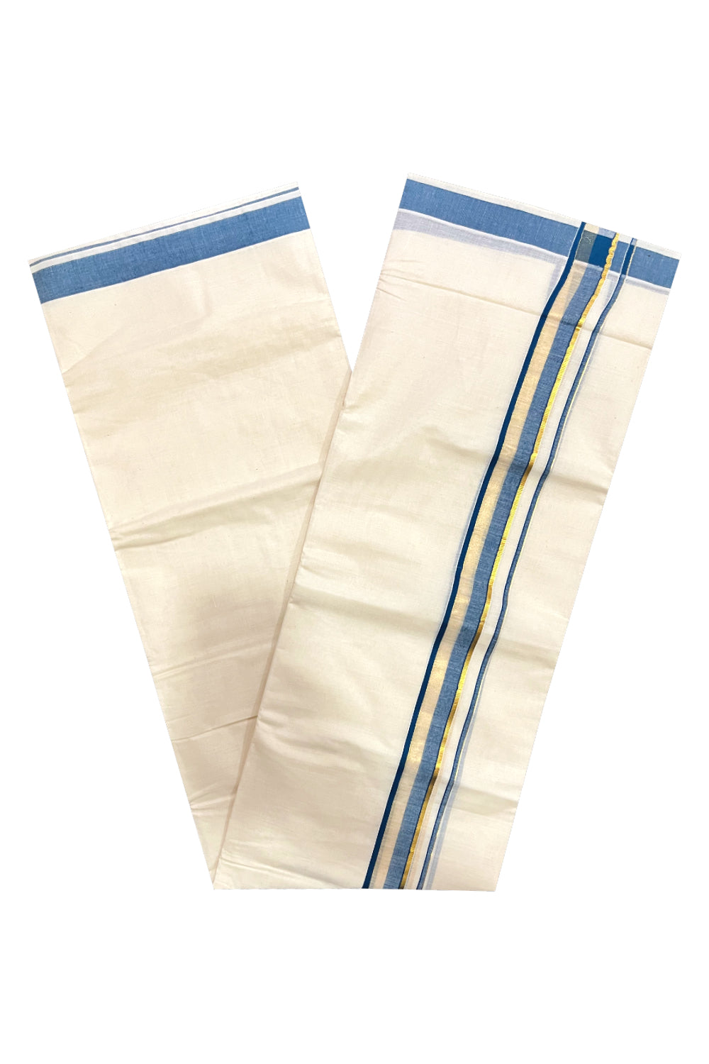 Kerala Pure Cotton Double Mundu with Blue and Kasavu Border (South Indian Kerala Dhoti)