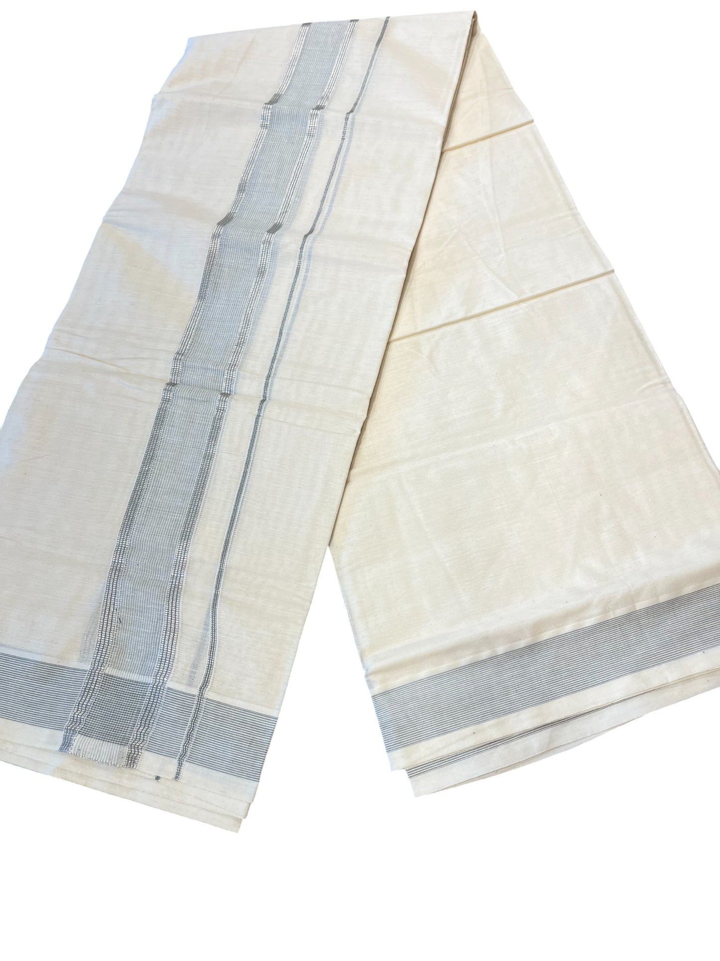 Southloom Kerala Pure Cotton Double Mundu with Silver Lines & Grey Border (South Indian Dhoti)
