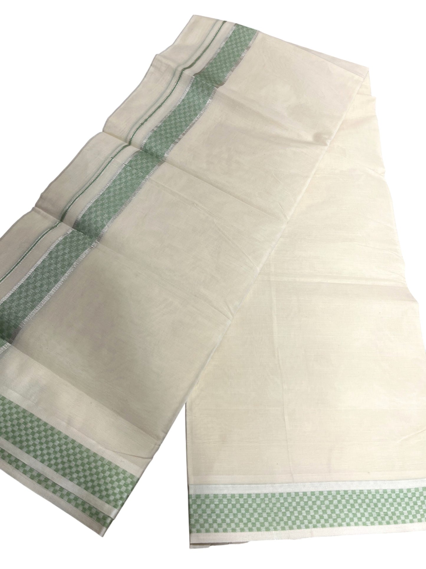 Southloom Kerala Pure Cotton Double Mundu with Silver Lines & Green Border (South Indian Dhoti)