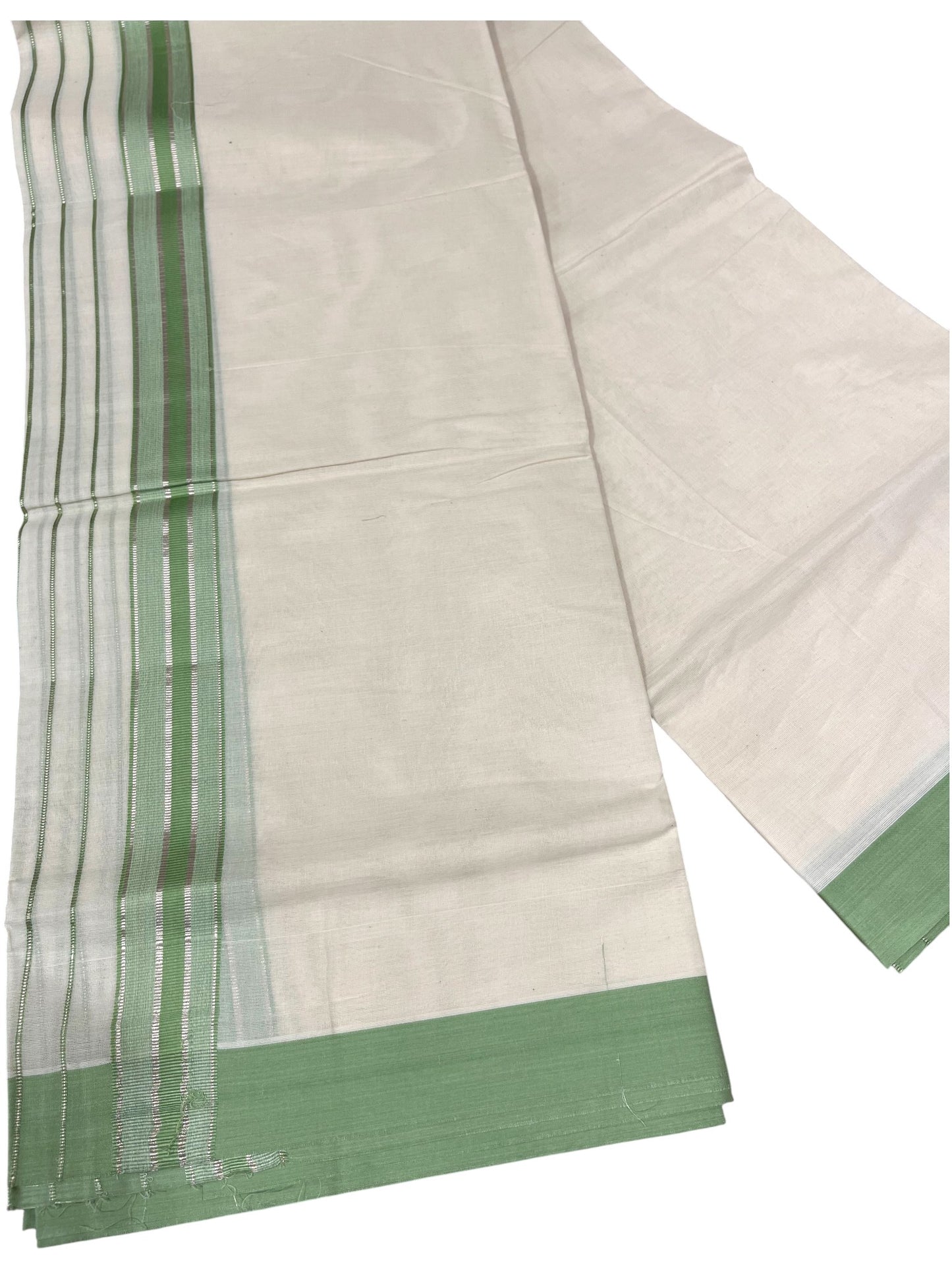 Southloom Kerala Pure Cotton Double Mundu with Green And Silver Lines Border (South Indian Dhoti)