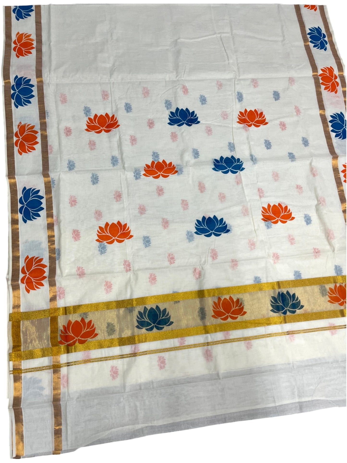 Southloom Cotton Kerala Kasavu Saree with Lotus Block Prints on Body and Border in Blue and Orange