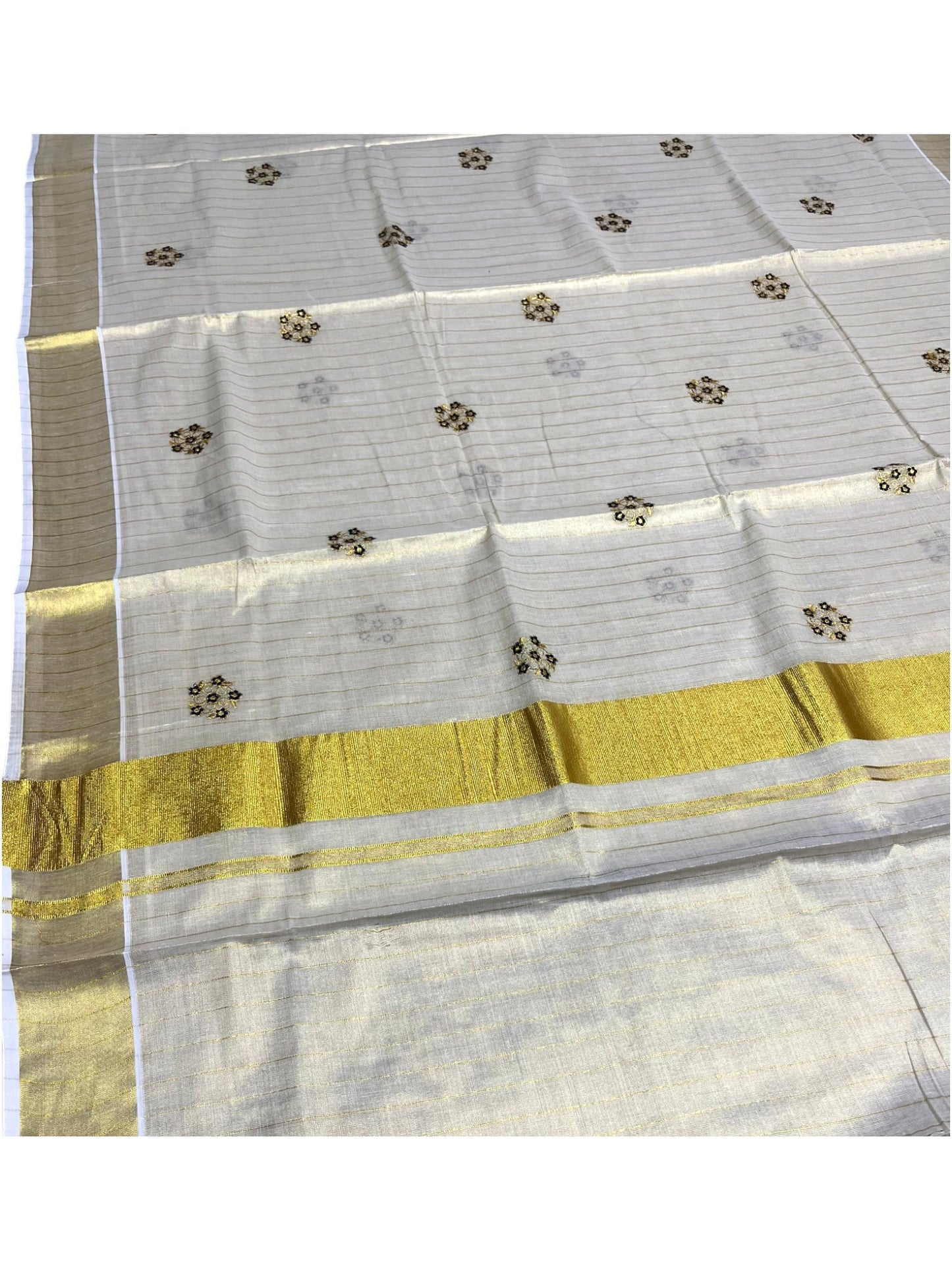 Southloom Kerala Tissue Kasavu Lines Saree with Green Floral Embroidery Design on Body