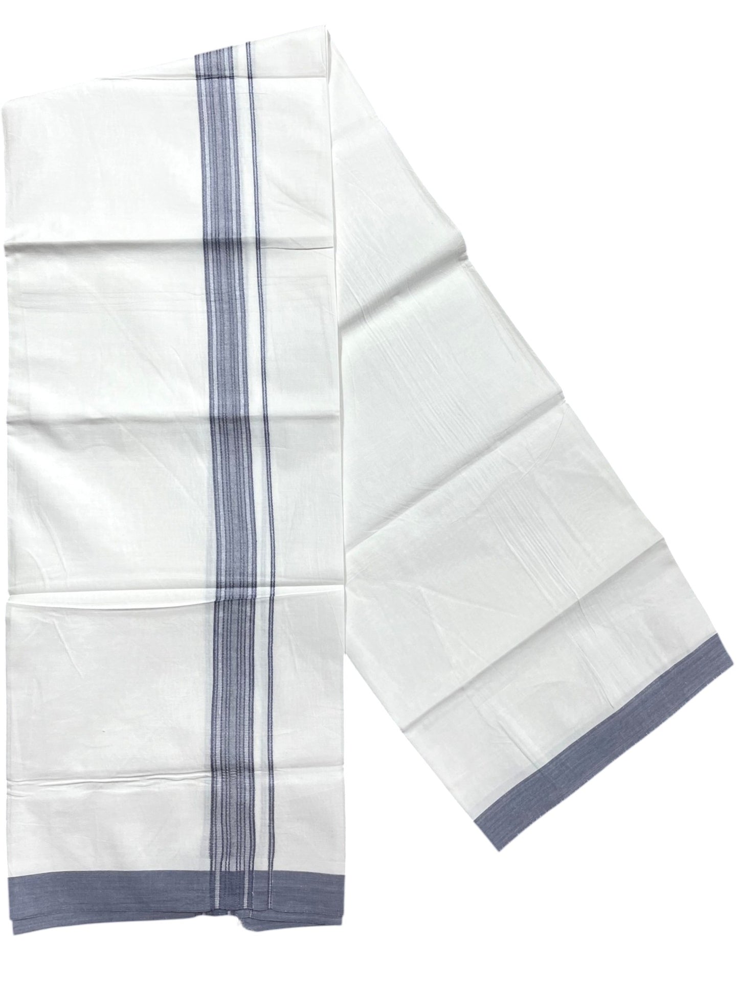 Southloom Pure White Cotton Mundu with Gray Lines Border (South Indian Kerala Dhoti)