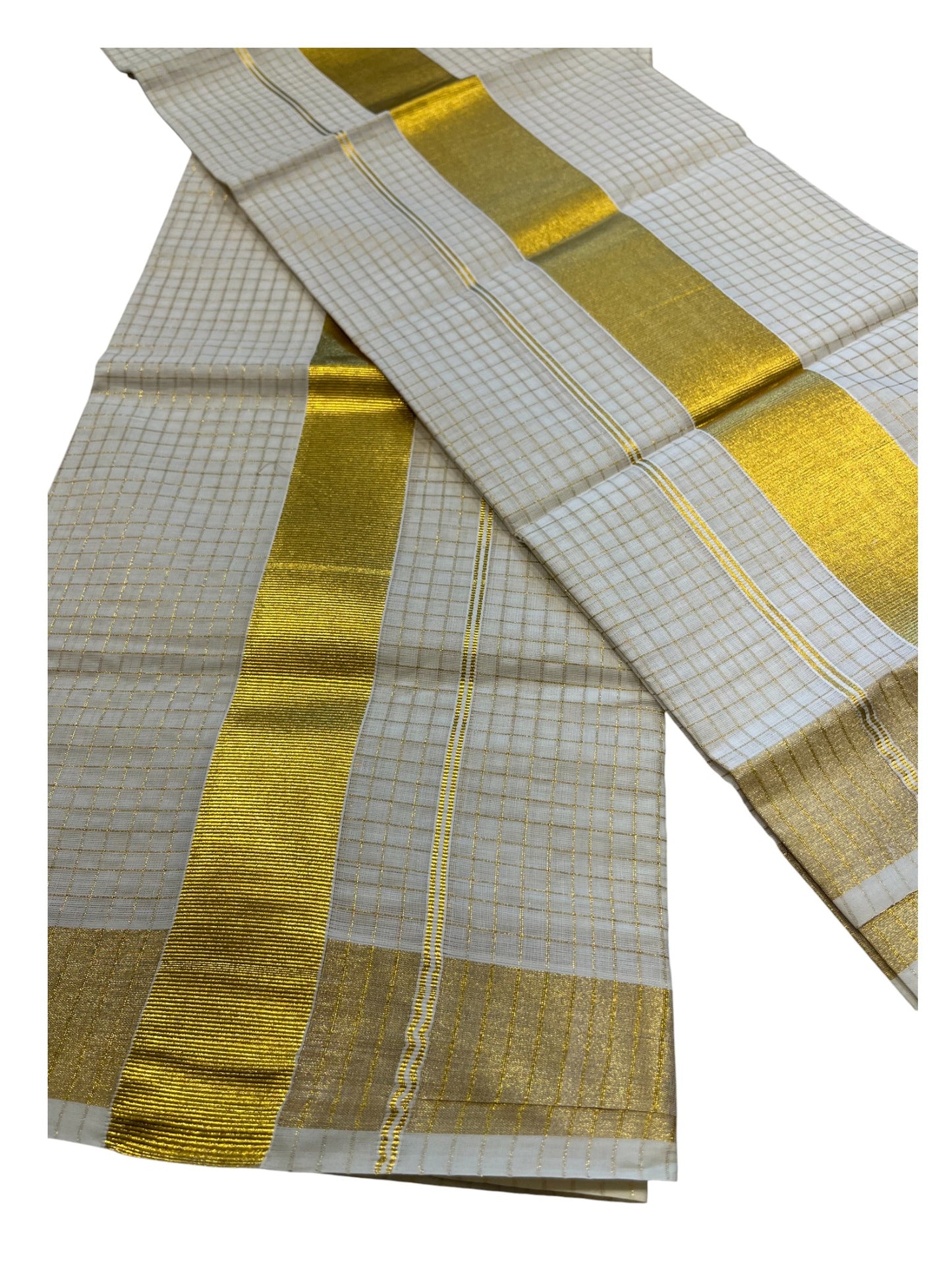 Southloom Pure Cotton Mundum Neriyathum (Set Mundu) with Gold Kasavu Micro Check Acorss Body