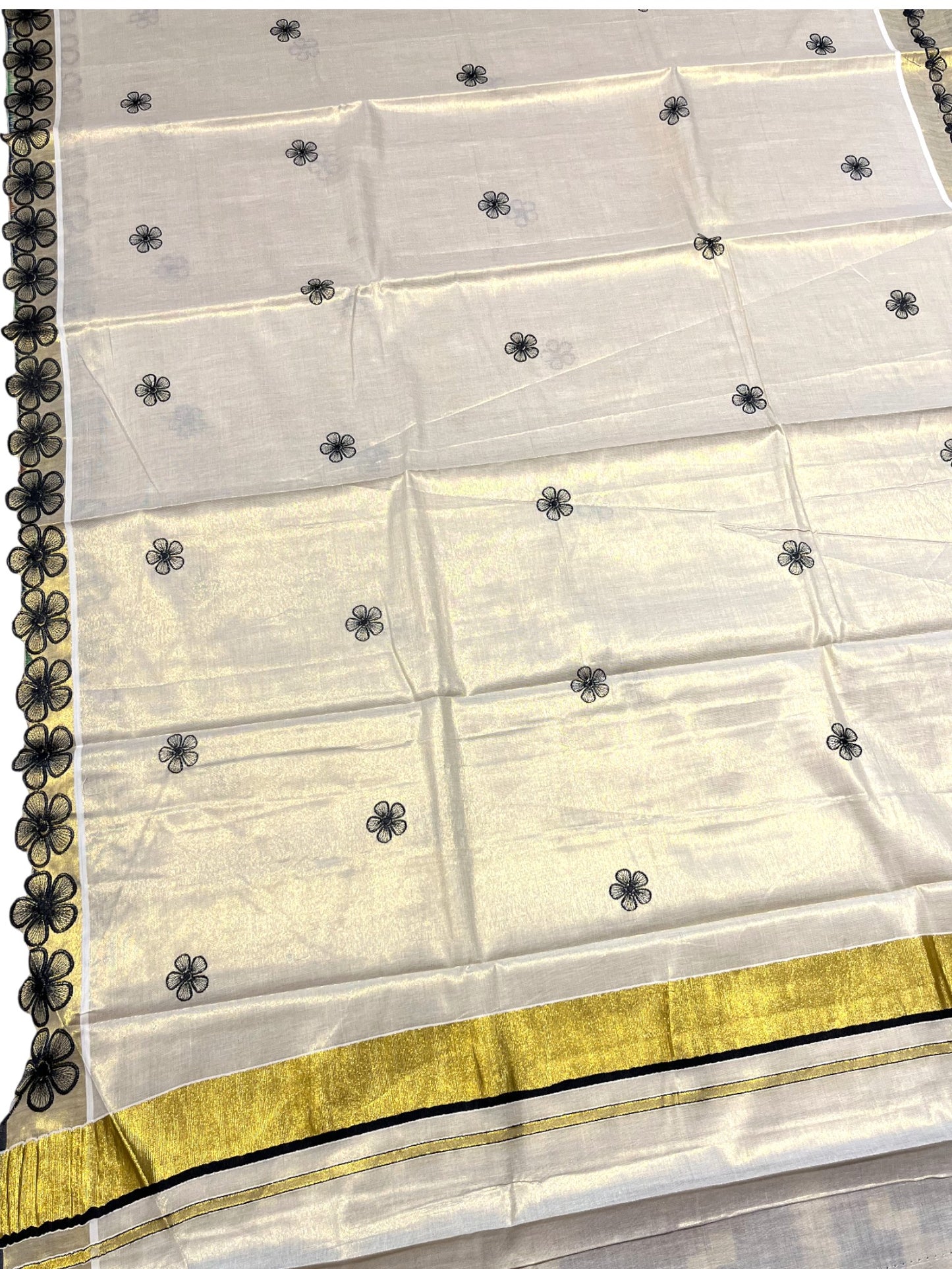 Southloom Kerala Tissue Kasavu Saree with Black Floral Embroidery on Body and Border