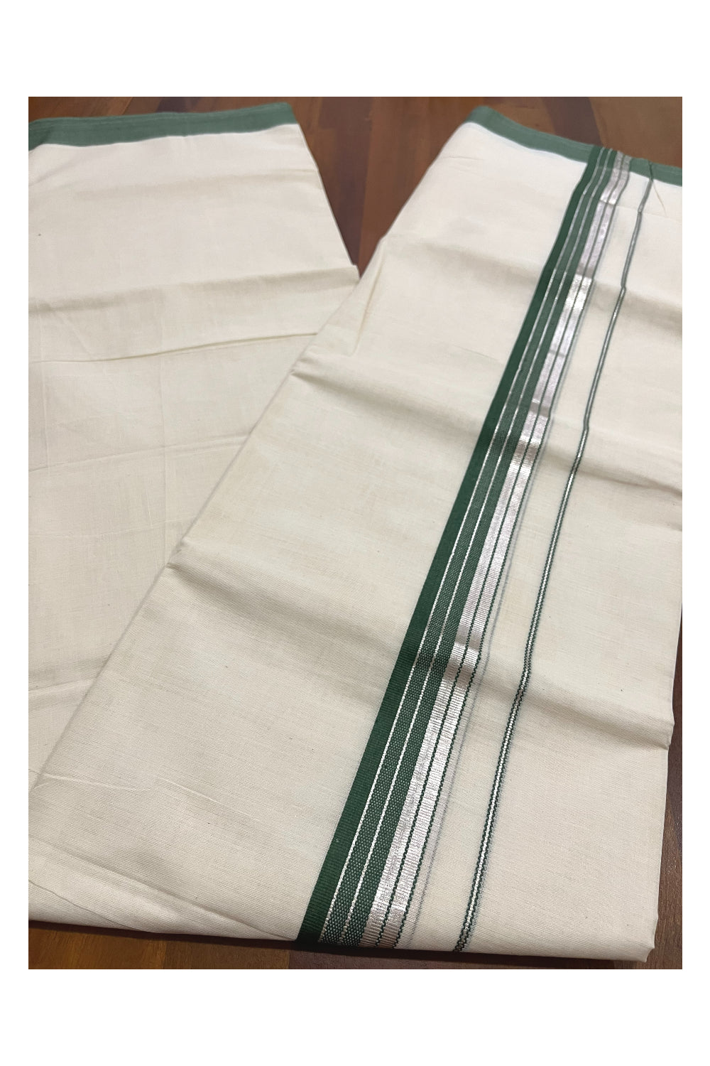 Pure Cotton 100x100 Double Mundu with Silver Kasavu and Green Border (Onam Mundu 2023)