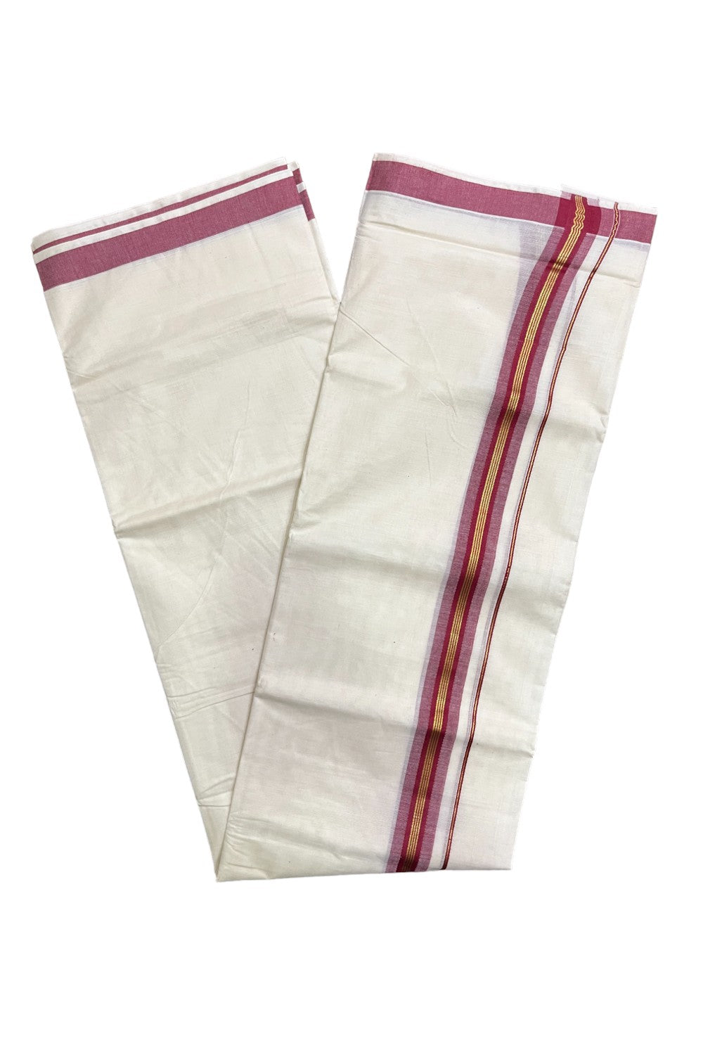 Kerala Pure Cotton Double Mundu with Kasavu and Maroon Border (South Indian Kerala Dhoti)