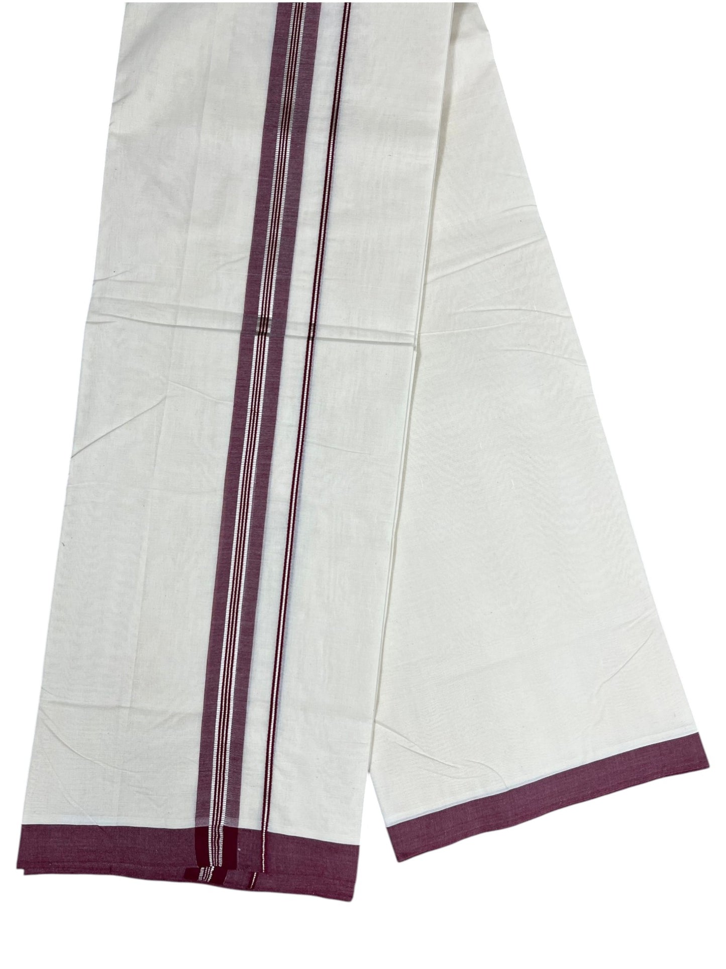 Southloom Pure Cotton Mundu with Silver Lines and Maroon Border (South Indian Kerala Dhoti)