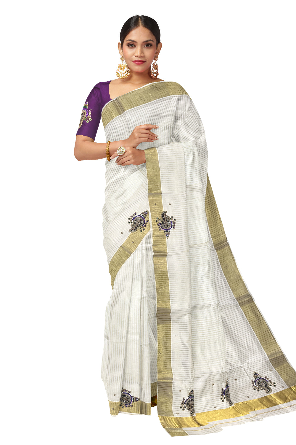 Kerala Cotton Kasavu Lines Design and Bead Work Saree with Seperate Purple Blouse Piece