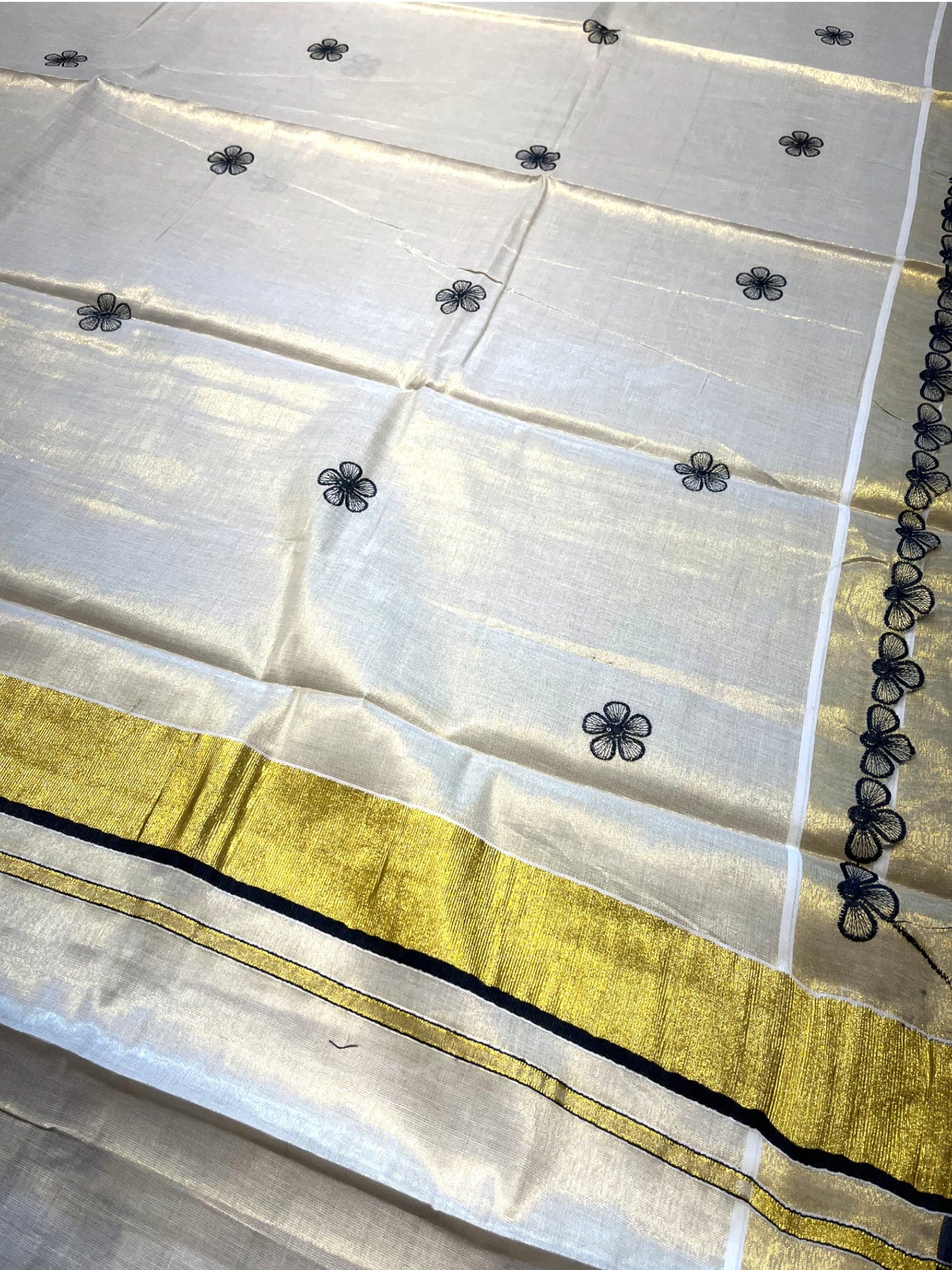 Southloom Kerala Tissue Kasavu Saree with Black Floral Embroidery on Body and Border