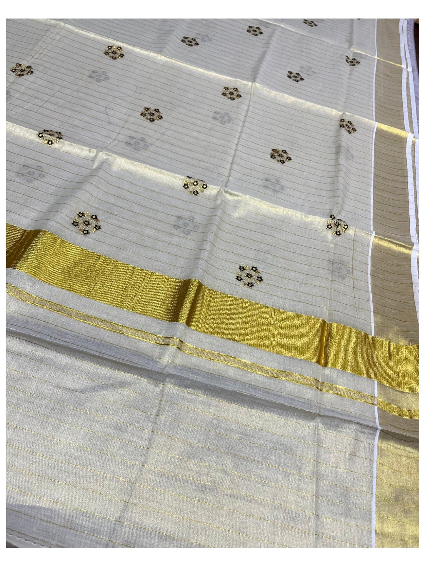 Southloom Kerala Tissue Kasavu Lines Saree with Green Floral Embroidery Design on Body