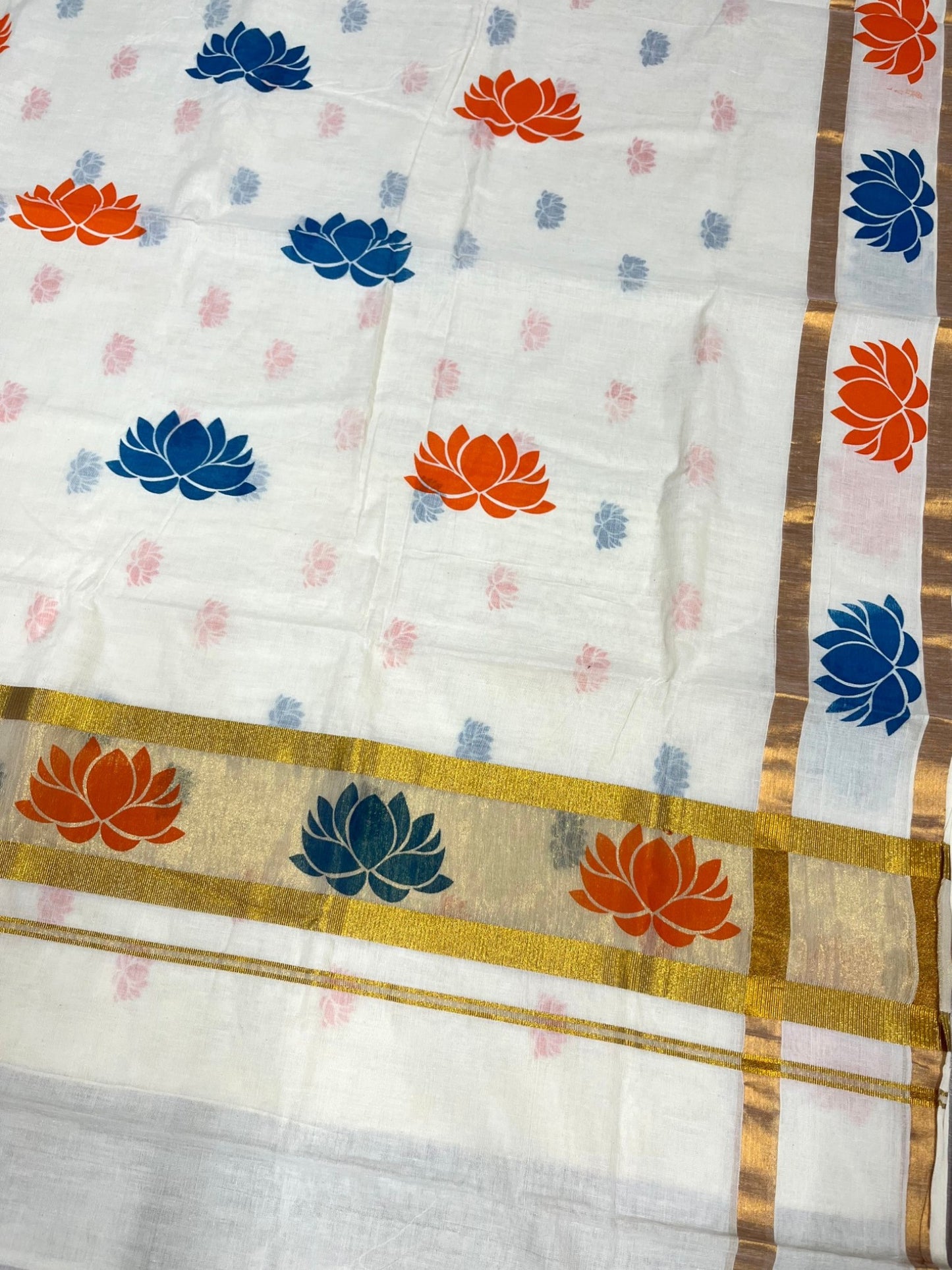 Southloom Cotton Kerala Kasavu Saree with Lotus Block Prints on Body and Border in Blue and Orange