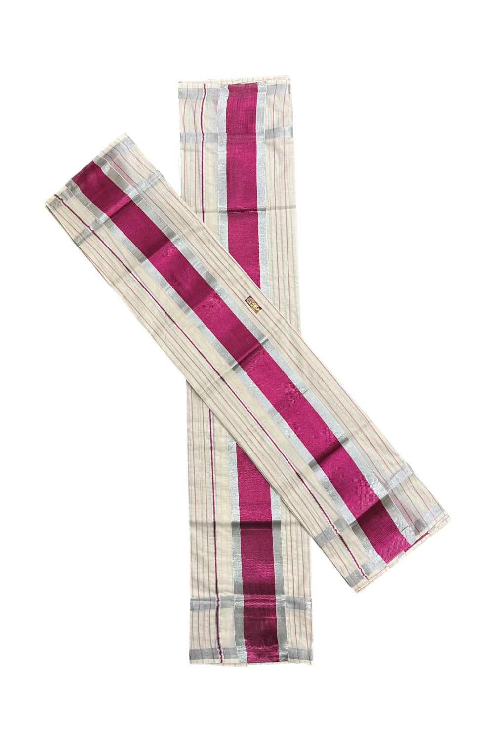 Kerala Cotton Set Mundu Single (Mundum Neriyathum) with Silver and Dark Pink Kasavu Lines Across Body 2.80 Mtrs